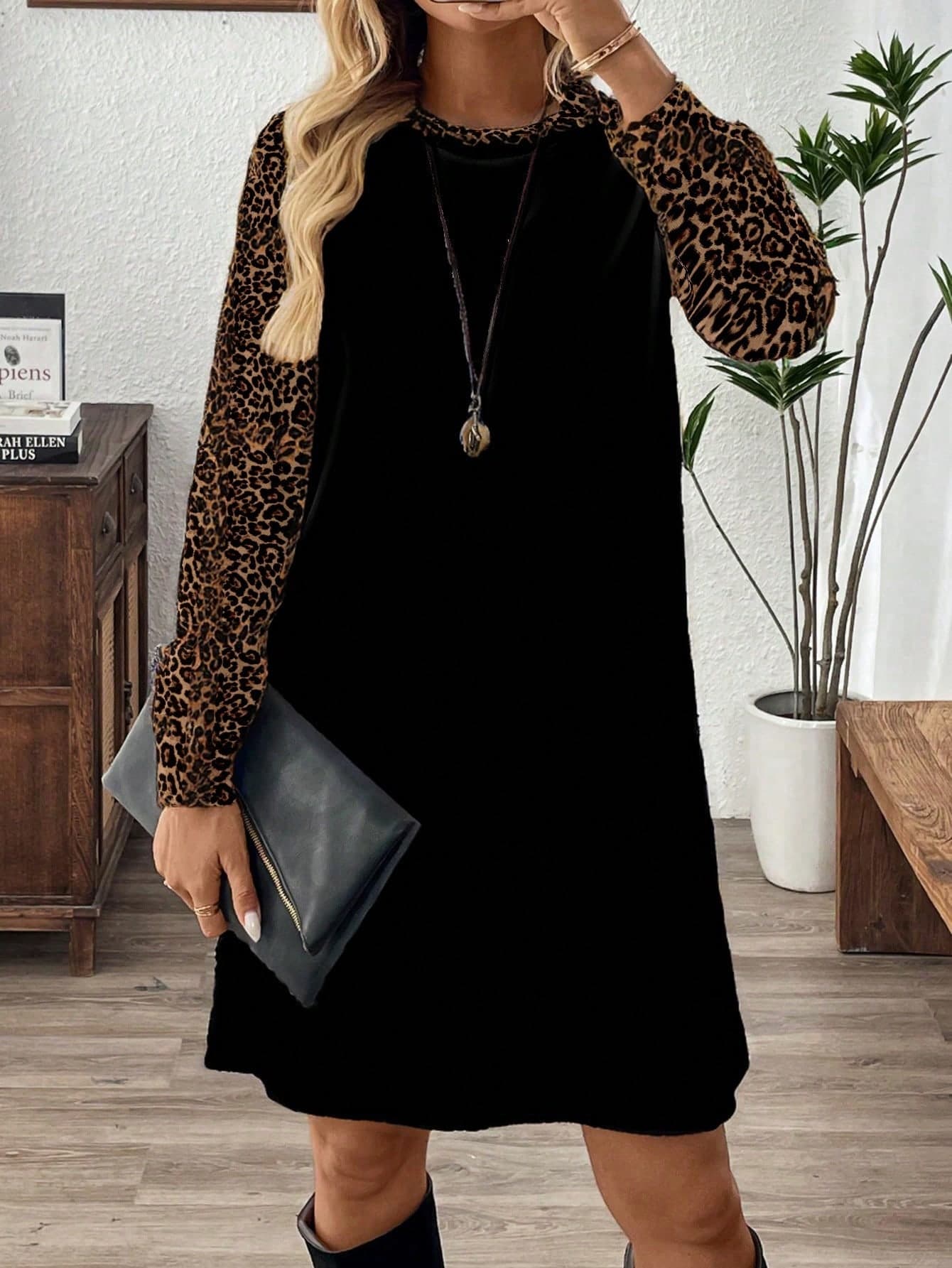 EMERY ROSE Plus Size Women's Smart Casual Black Autumn Everyday Leopard Print Raglan Sleeve Knee-Length Dress,Elegant Cheetah Long Sleeve New Year Party Dress