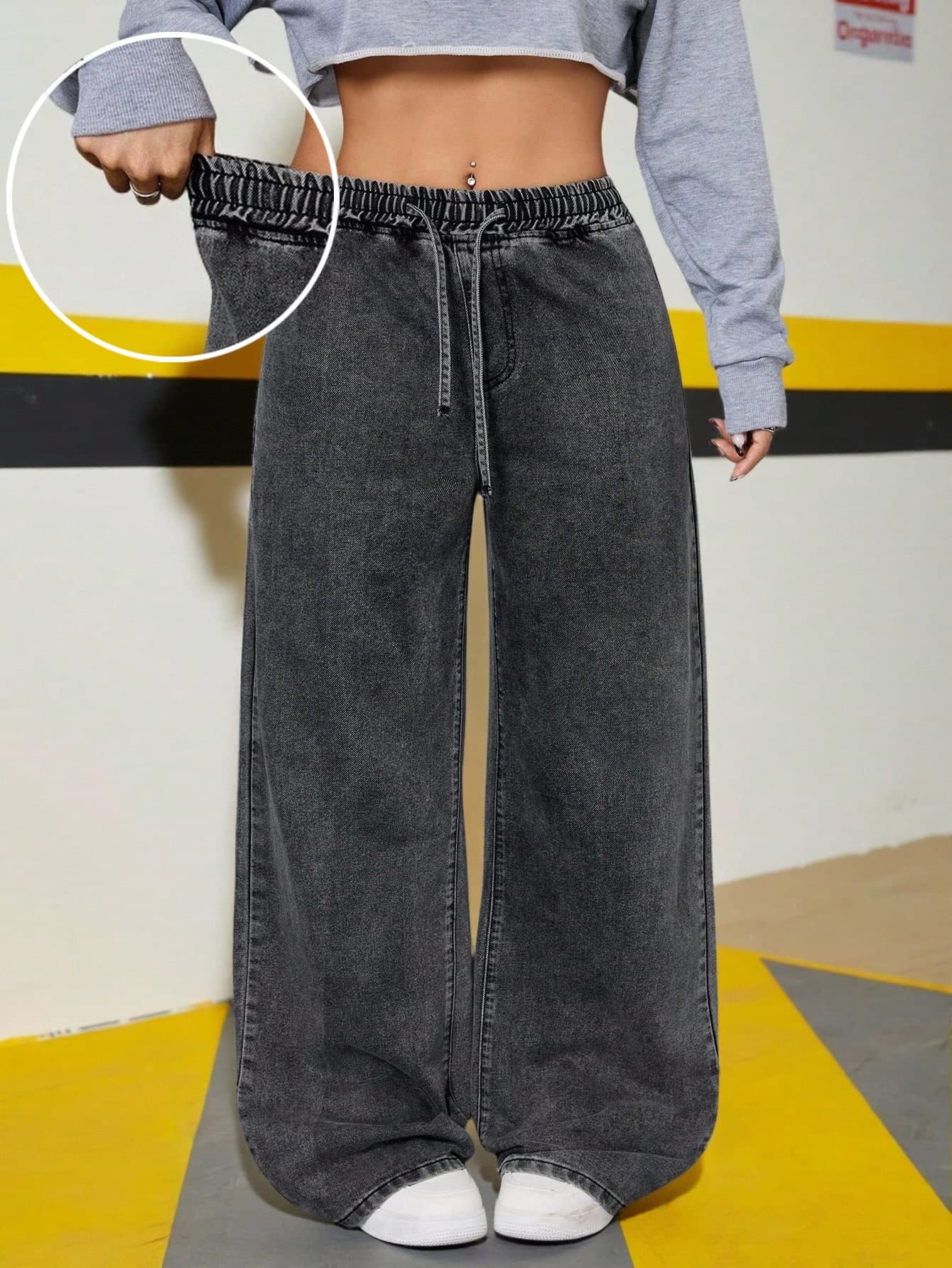 Teen Girl Fashion Casual Y2k Vintage Cool Street Returns To School College Loose And Comfortable Grey Elastic Waistband Drawstring Design Denim Loose Wide-Leg Jeans Soft Dailywear Winter And Fall Rave Festival And Streetwear Baggy Pants Wide Leg Jeans Woman