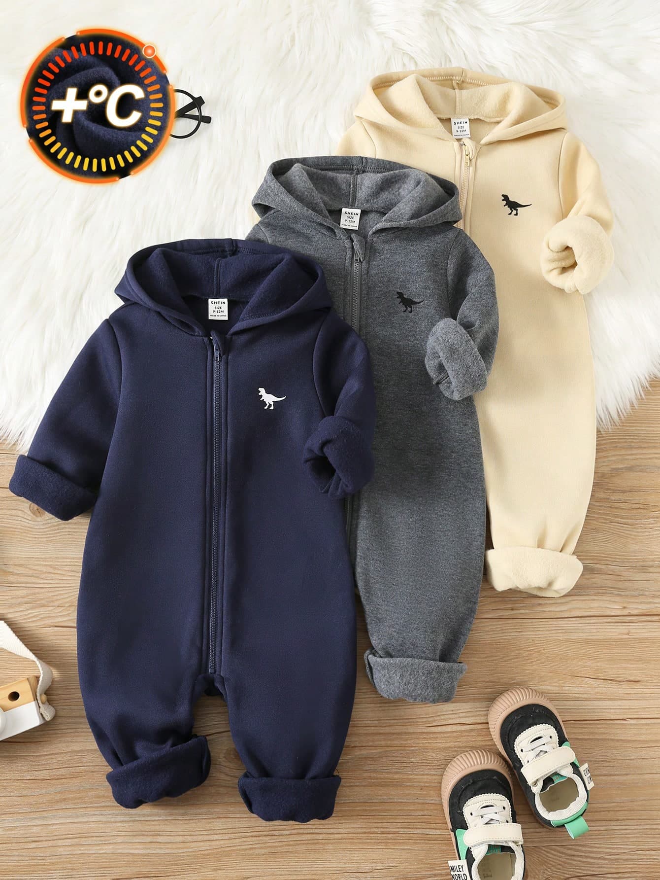 SHEIN 3pcs Baby Boy/Girl Grey Navy Blue Winter Jumpsuit Set,Brushed Thick Knit Hooded Long Sleeve Modest Home Wear,Dinosaur Print Loose Soft Jumpsuits