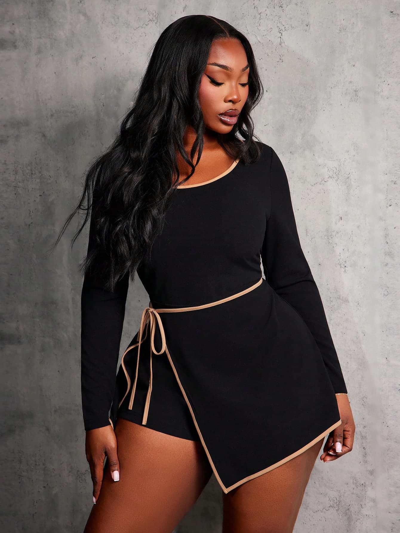 SHEIN SXY Plus Size Women's Black Autumn Elegant Formal Dinner Evening Round Neck Long Sleeve Contrast Trim Short Jumpsuit,Stretchy Fitted Curve Skirt Set