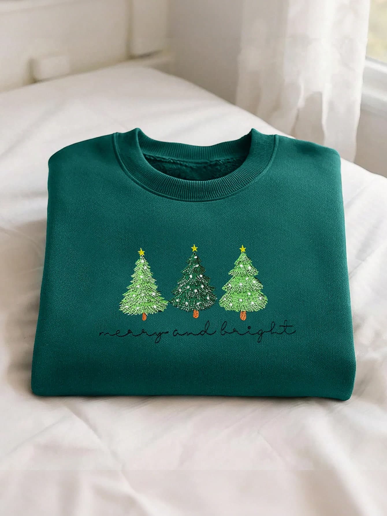INAWLY Embroidered Bright Christmas Tree Sweatshirt - Christmas Tree Sweatshirt - Embroidered Crew Neck - Comfortable Winter - Christmas Sweater