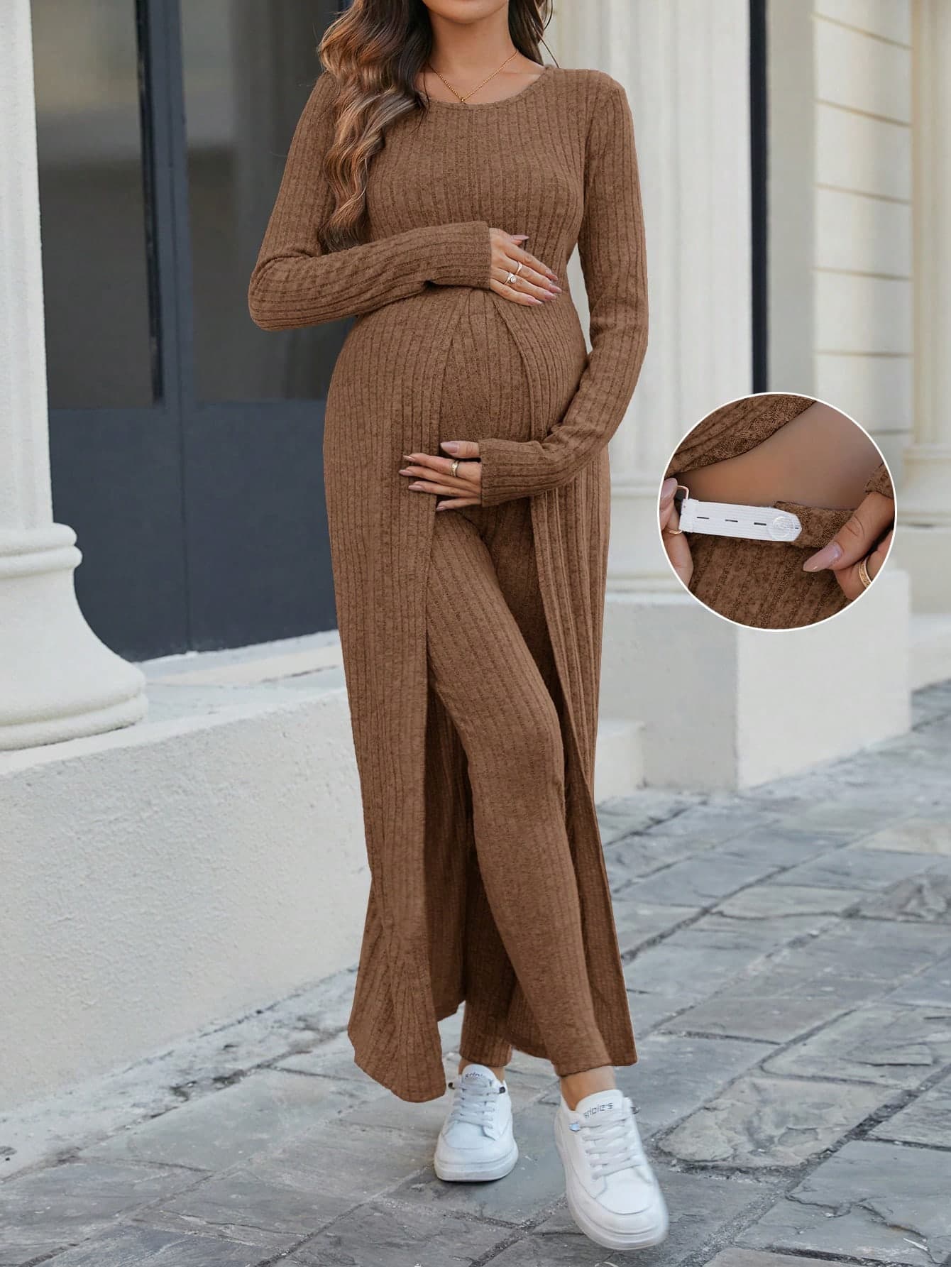 SHEIN 2pcs Maternity Casual Solid Color High Slit Long Top And Pants Set, Autumn Fall