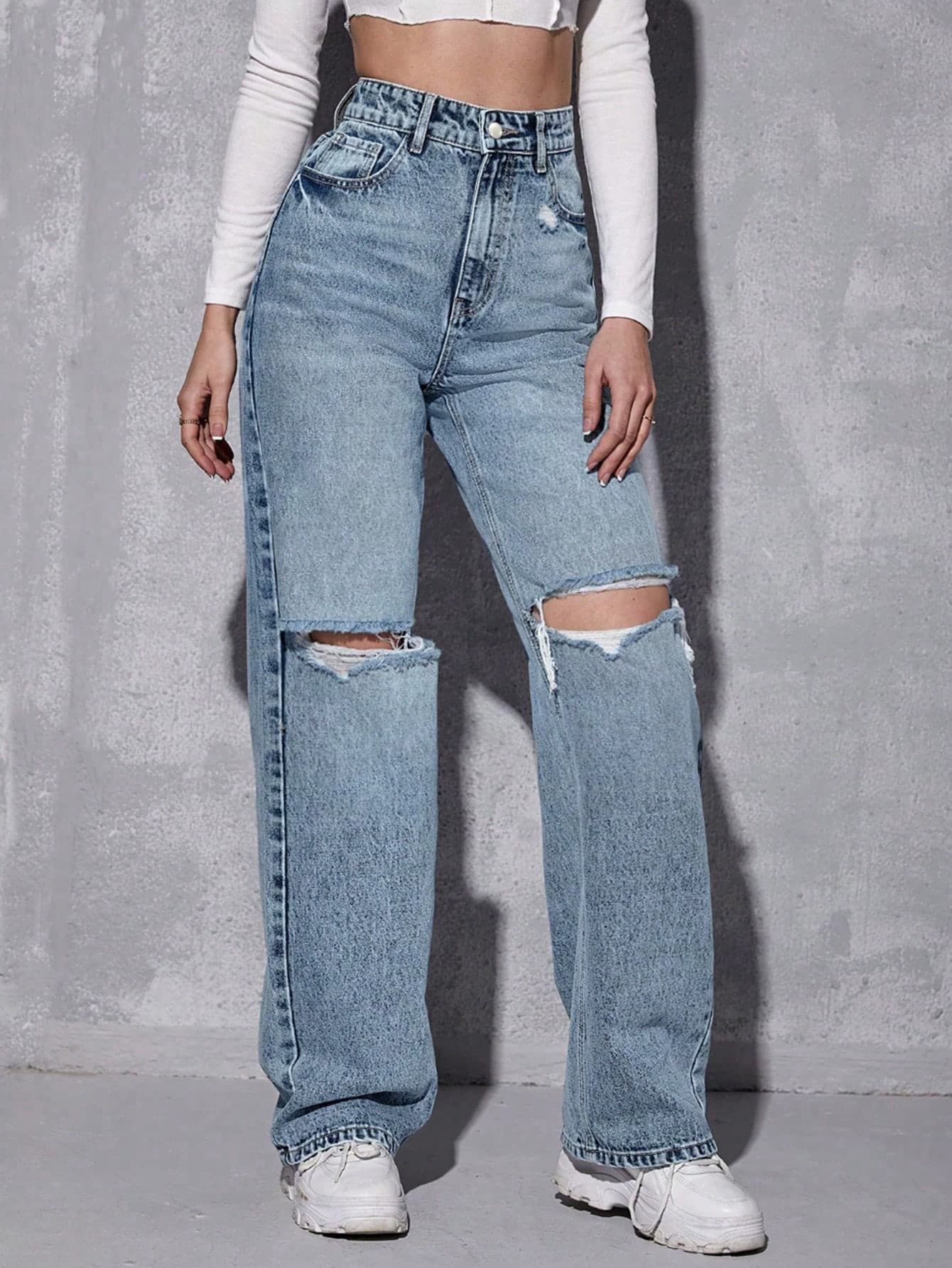 SHEIN ICON Women's Front Button Pocket Distressed Casual Denim Jeans