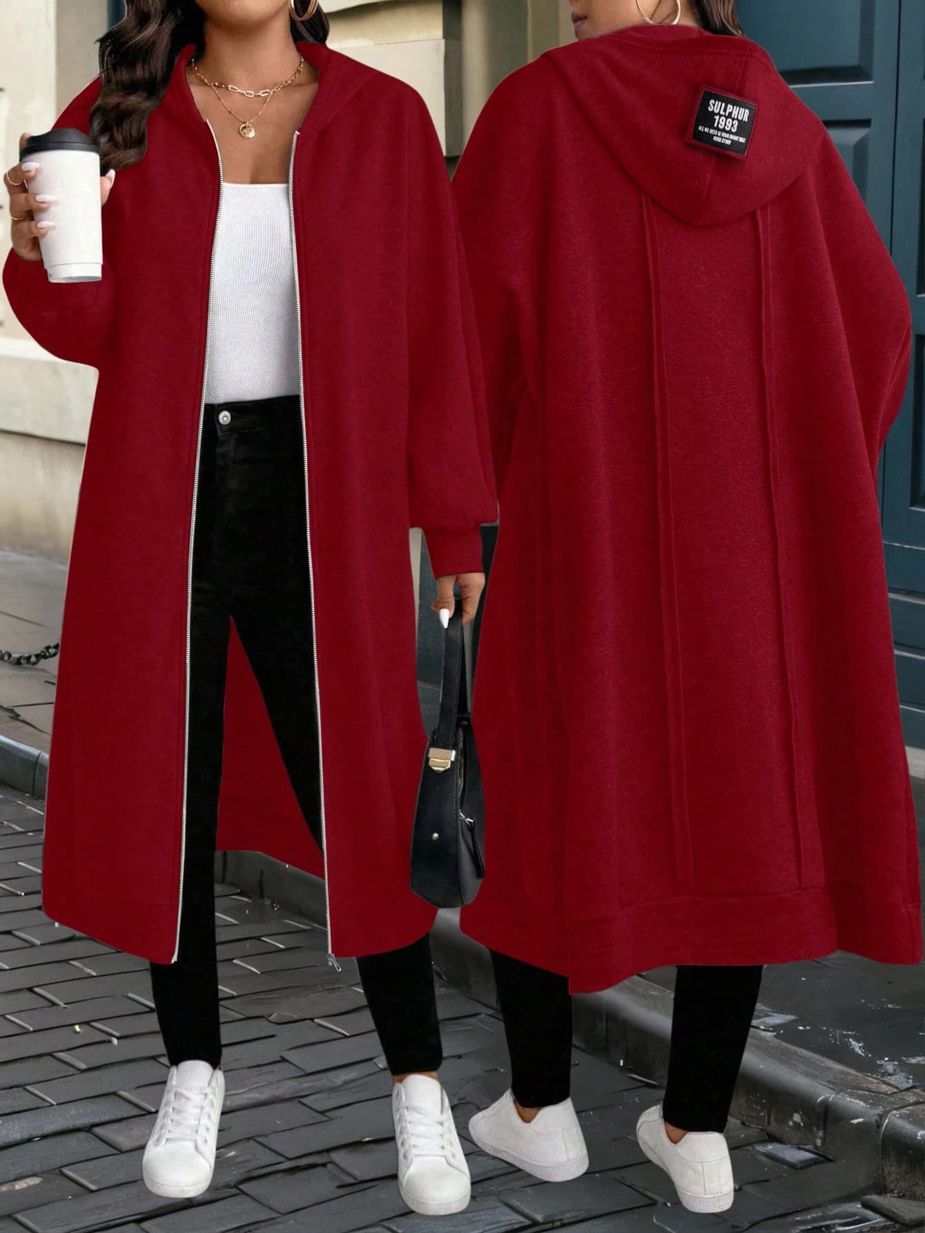 EMERY ROSE Plus Size Women's Letter Printed Zip-Up Long Hooded Cardigan, Autumn Fall Winter Cloth For Women