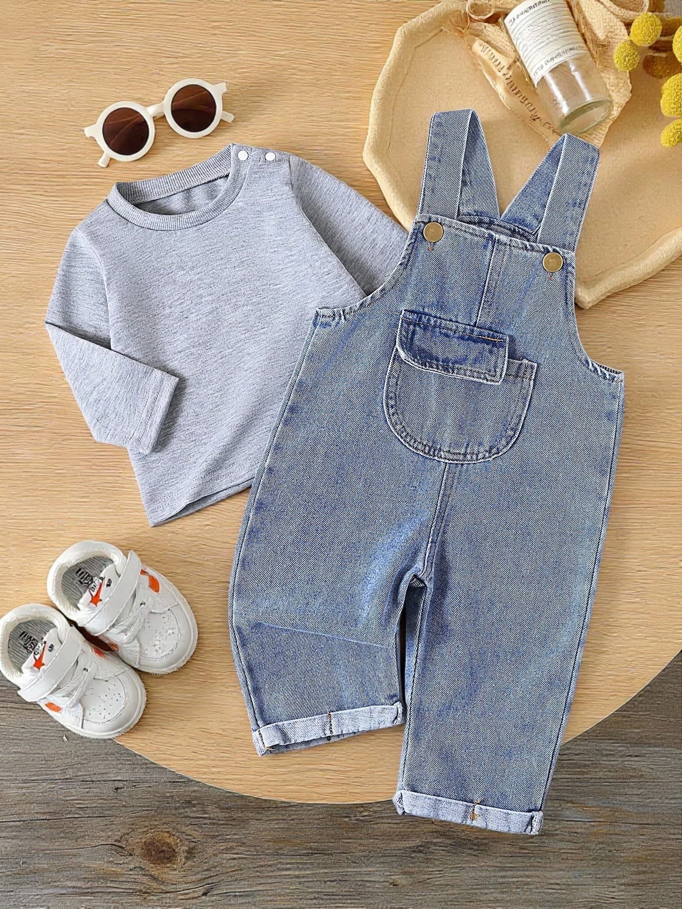 SHEIN Vintaside Kids Infant Fashionable Denim Bib Pants And Long Sleeve T-Shirt Set Baby Vintage Overalls Boys Girl Jeans Blue Boy Outfit