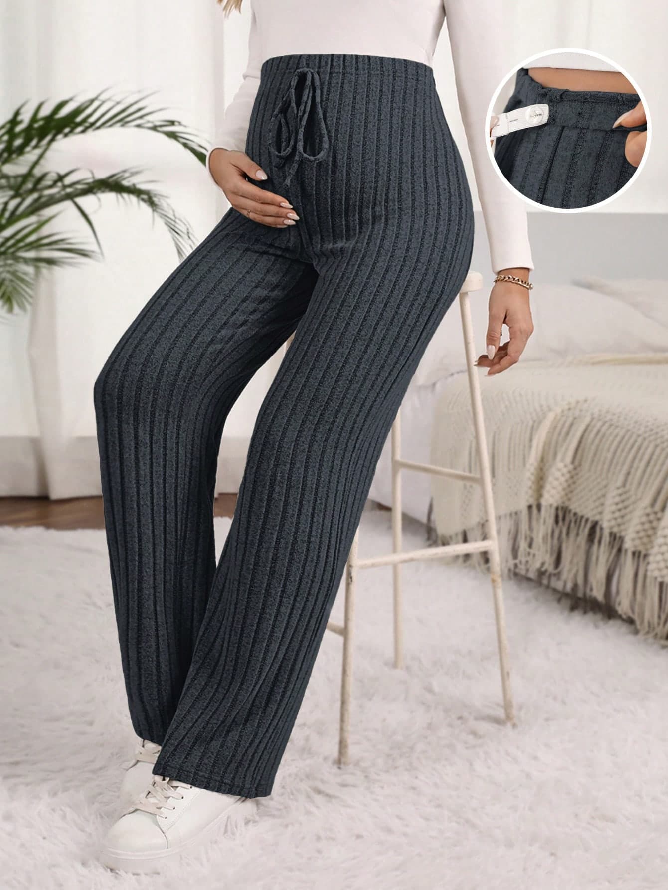 SHEIN Maternity Solid Color Adjustable Waist Ribbed Straight Loose Casual Pants Fall