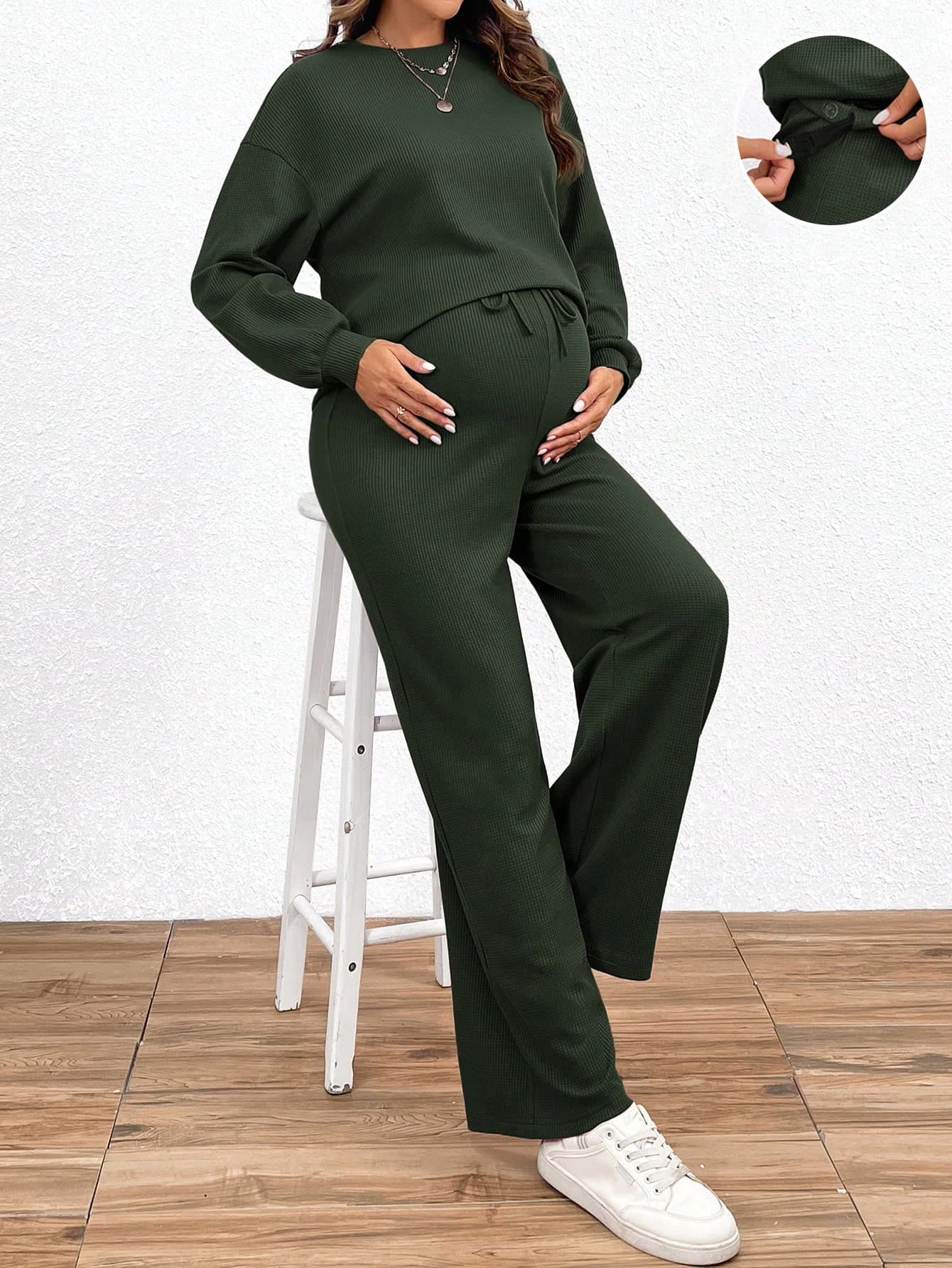 SHEIN 2pcs Maternity Casual Solid Color Top And Pants Set, Autumn 2 Pieces Lounge Sets Woman Clothes Two Suits Long Sleeve For Green Women