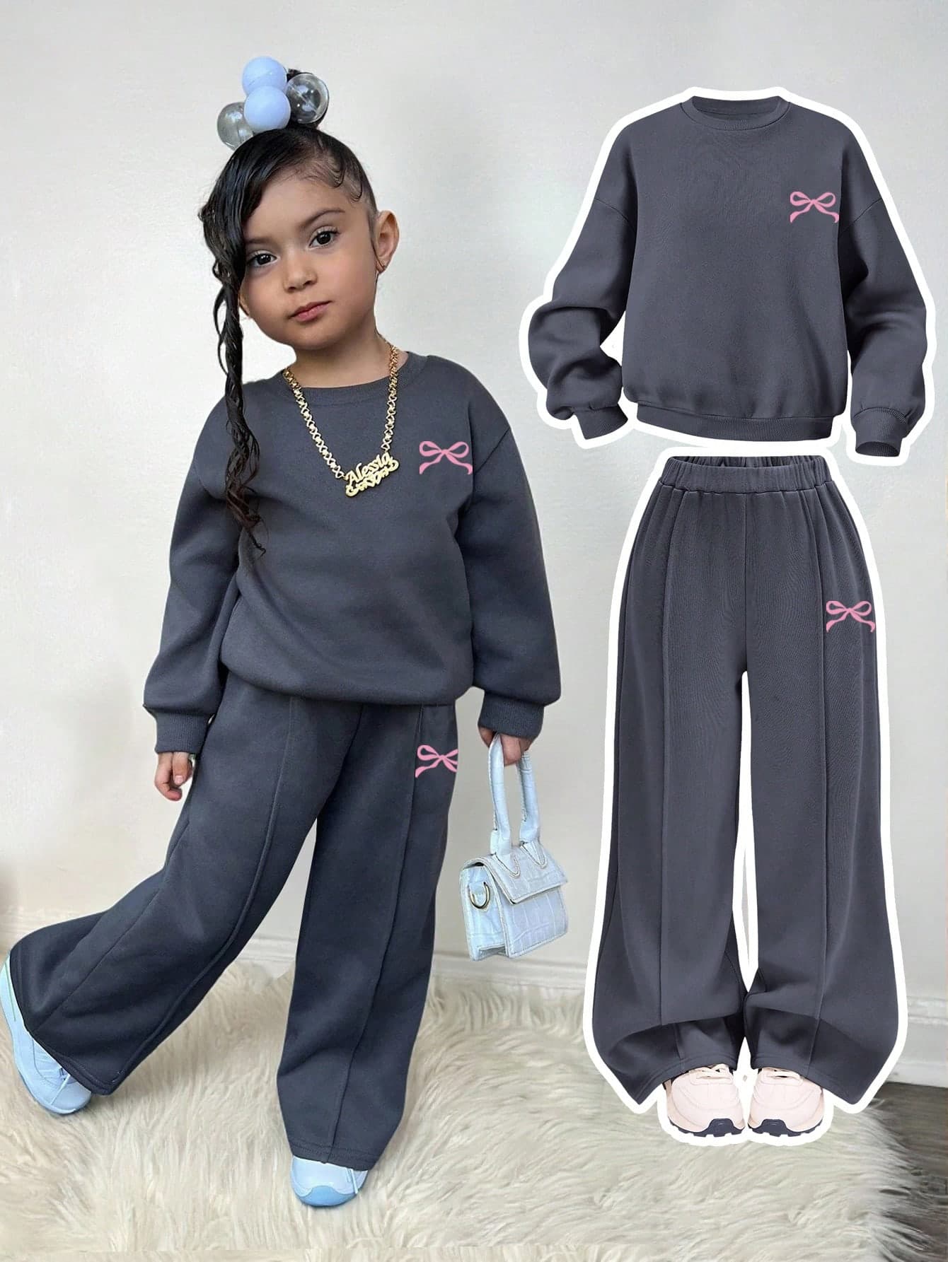 Young Girls 2 Piece Sets Heart Print Knit Sweatshirt & Wide Leg Sweatpants Winter,School,Back-To-School Outfits Kids Loose Drop Shoulder Clothes Set
