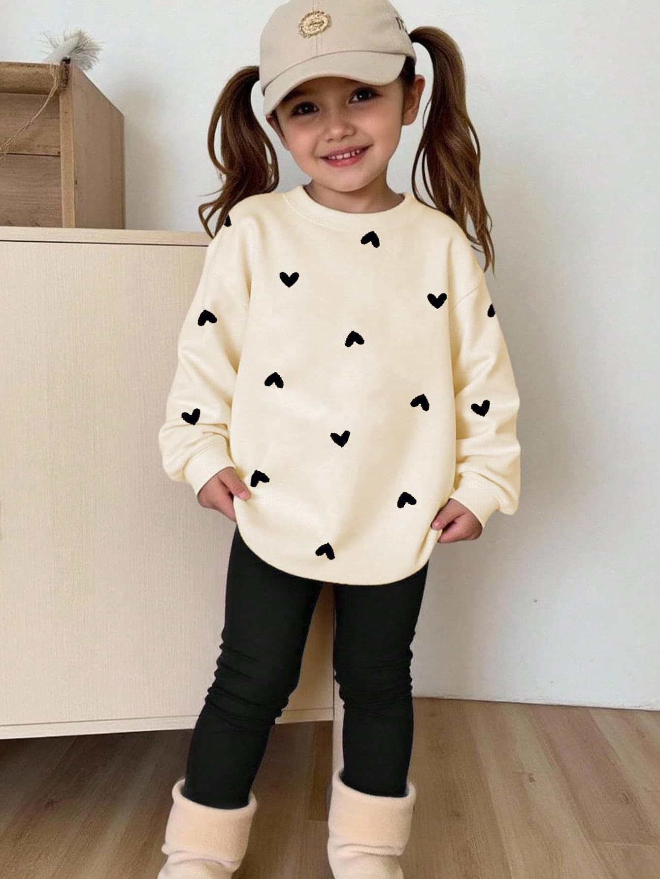 1 Set Young Girls Sweet Heart Print Long Sleeve Sweatshirt And Leggings Suit, Comfortable Back-To-School Fashion, School Outfit For Winter Young Girl