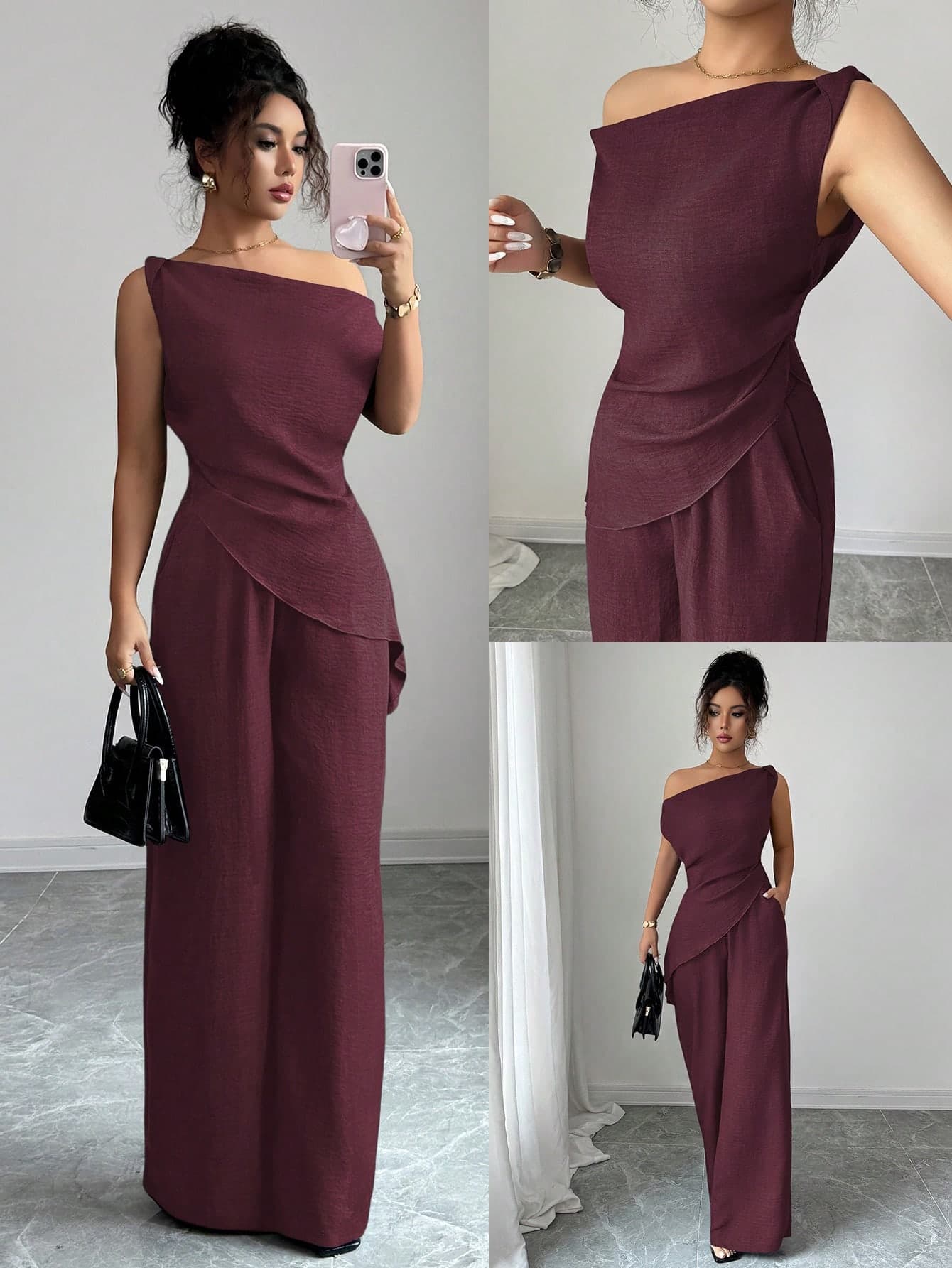 Elenzga Burgundy Autumn Elegant Dining 2 Pieces Set Women,Korean Style Asymmetric Shoulder Neckline Top & High-Waisted Casual Pants,Travel Outfit