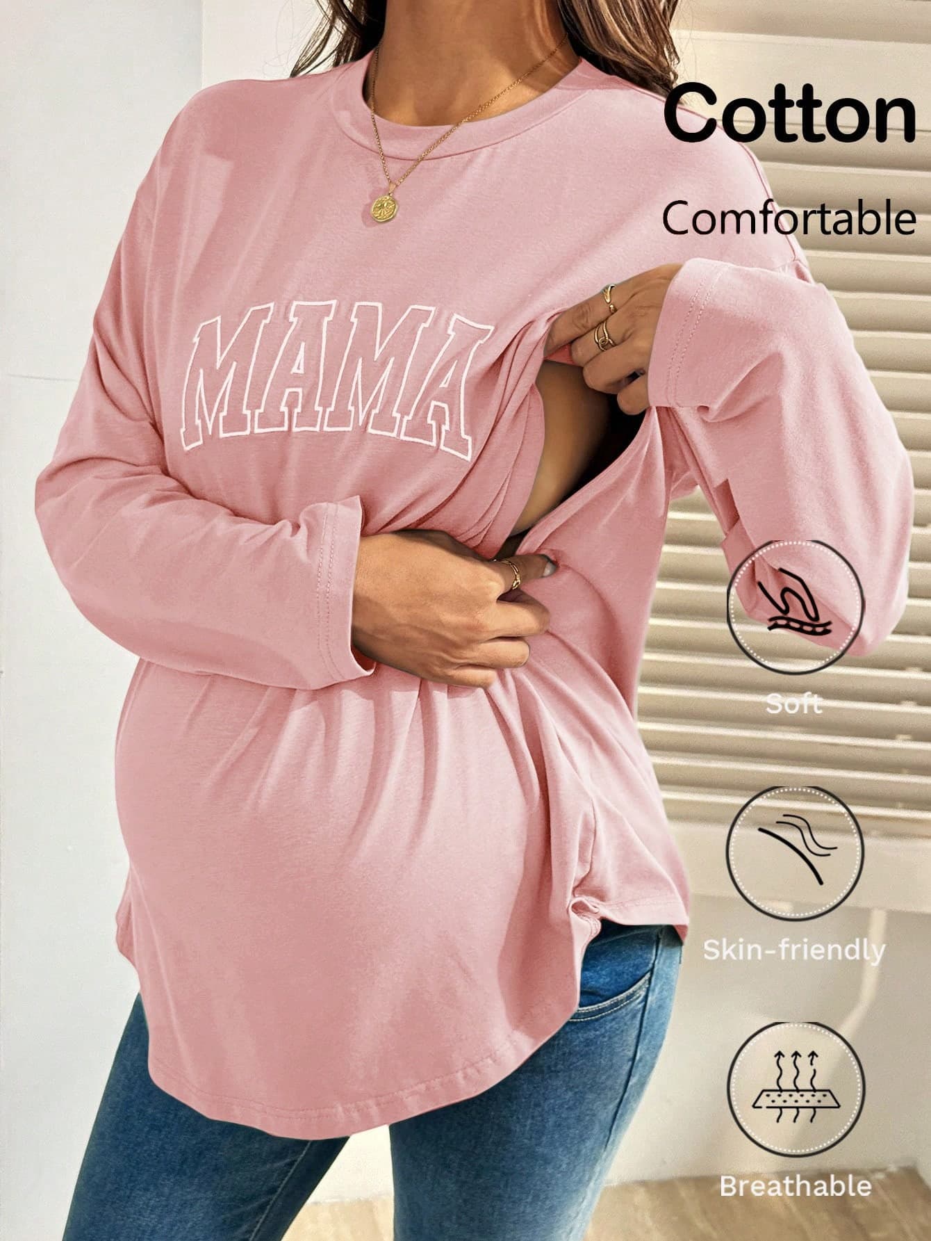 SHEIN Letter Print Crew Neck Long Sleeve Nursing Top Mama Shirt Pregnancy Shirts Maternity Shirts Breastfeeding Shirt Nursing Tops World Cup Fall