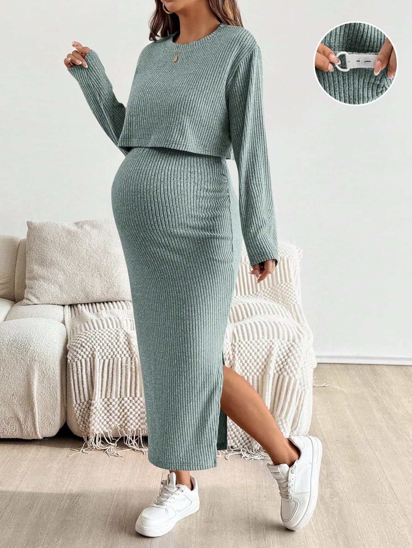SHEIN Maternity Solid Color Round Neck Short Sleeve Top And Skirt 2 Pieces Set Knit Two Piece Modest Women Dress Ribbed Comfortable
