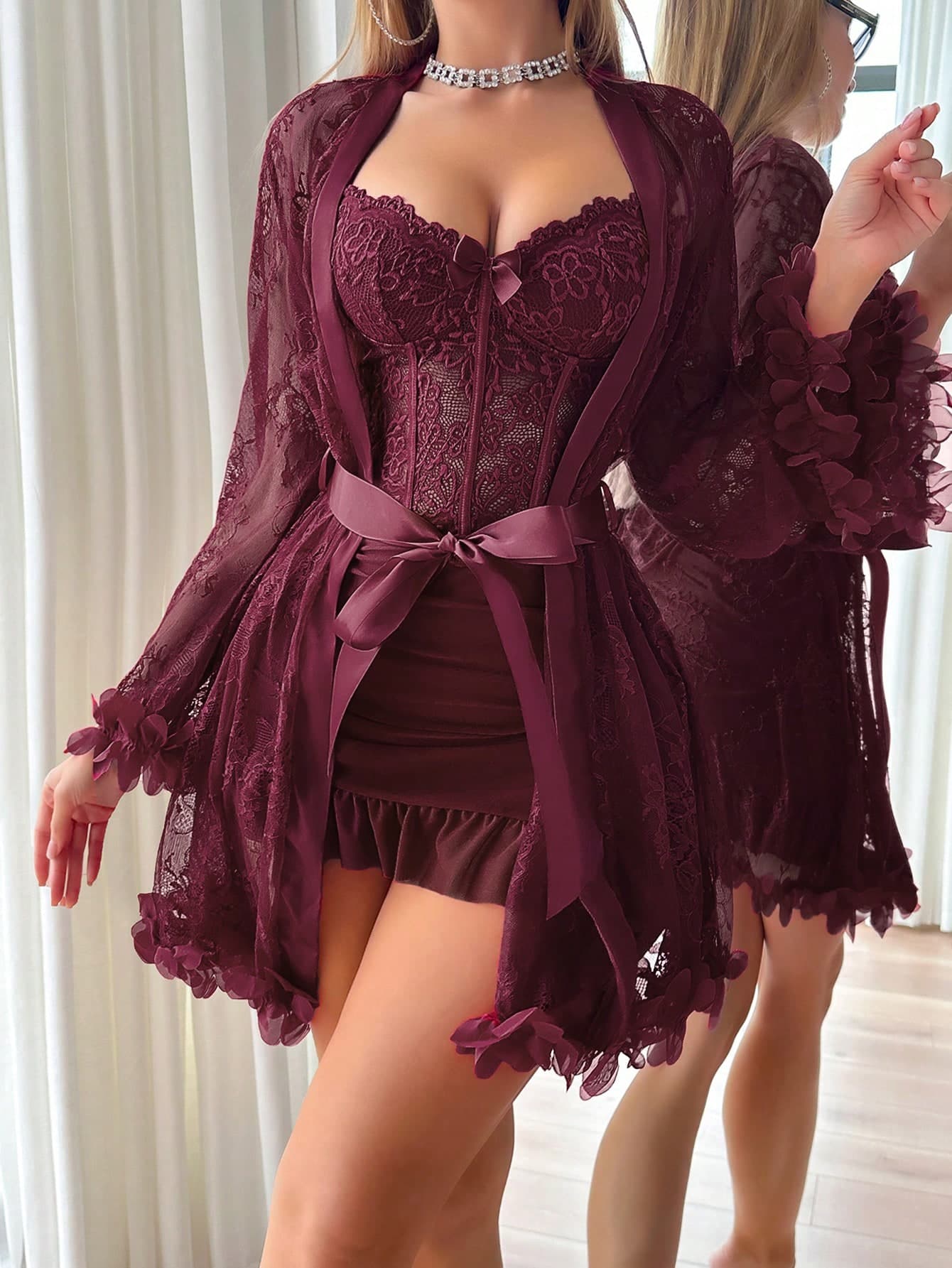 Slumberist 2pcs Set: 3D Floral Lace Robe + Fishbone Waist Design Lace Camisole Dress Lace Robe Set Lace Lingerie Set Lingerie Robe Lace