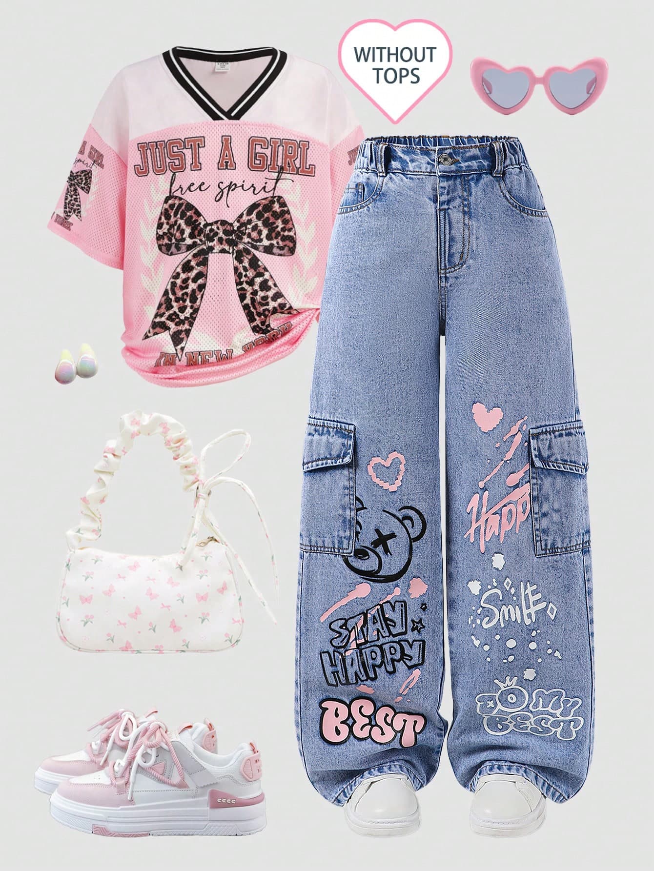 SHEIN Tween Girls' Denim Cargo Wide Leg Pants,Pink And Blue Heart Print Streetwear,Back-To-School Casual Sporty Style For School,Autumn Fall Winter Pants