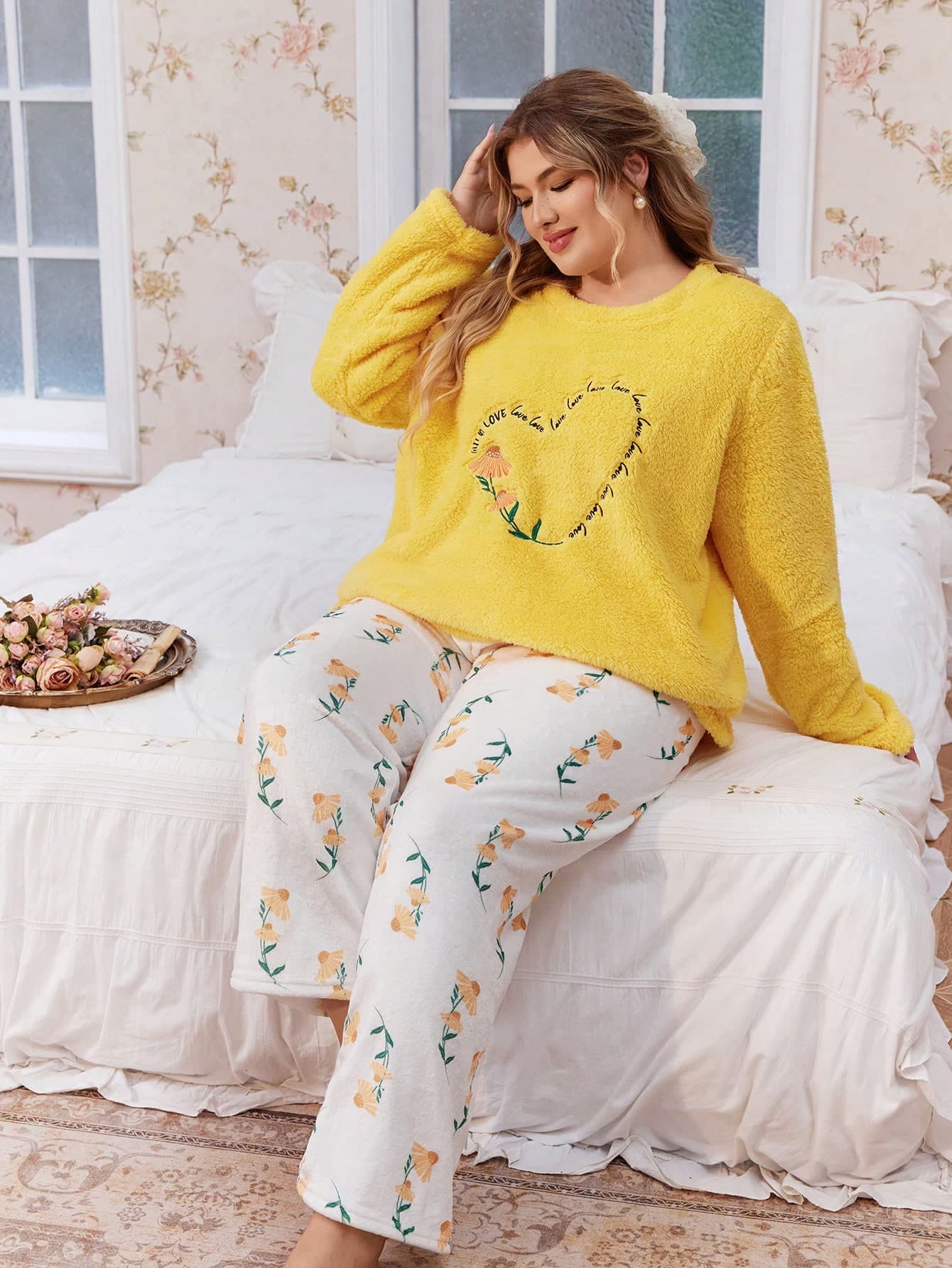 CottageSlumber Plus Size Women Cozy Pajama Set, Yellow Fluffy Floral & Heart Embroidered Flannel Floral Print Round Neck, Winter Clothes