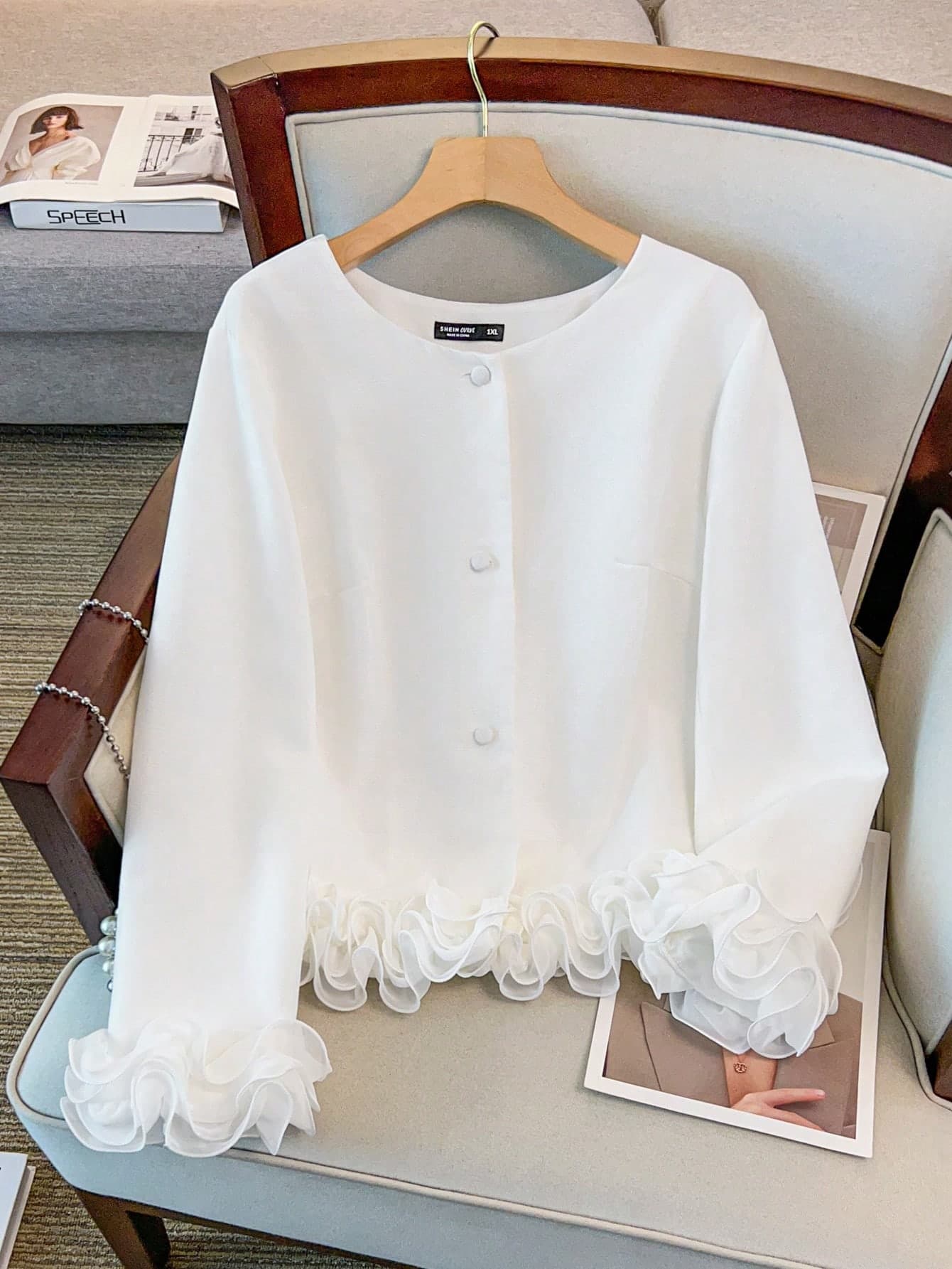 GlowEve CURVE Plus Size Women Round Neck Long Sleeve Jacket, Versatile Minimalist Design Suitable For Autumn/Winter Daily Commute, Ruffle Cuff Detail Fall