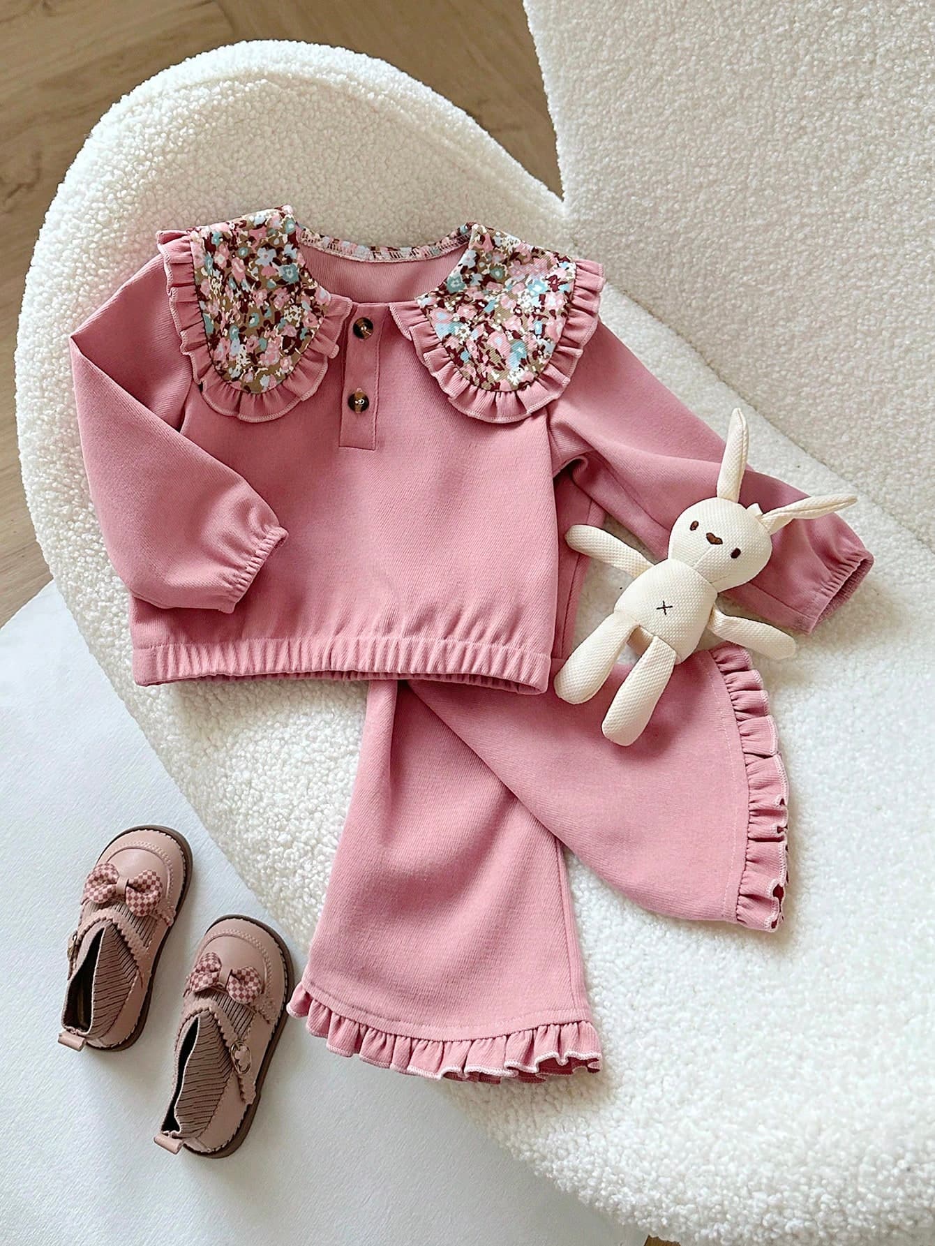 Playful Pals 2pcs Baby Girl Floral Print Ruffle Collar Long Sleeve Top And Solid Flare Pants Set,Pink,Autumn,Cute,Matching Family Fashionable Daily Outing Outfit