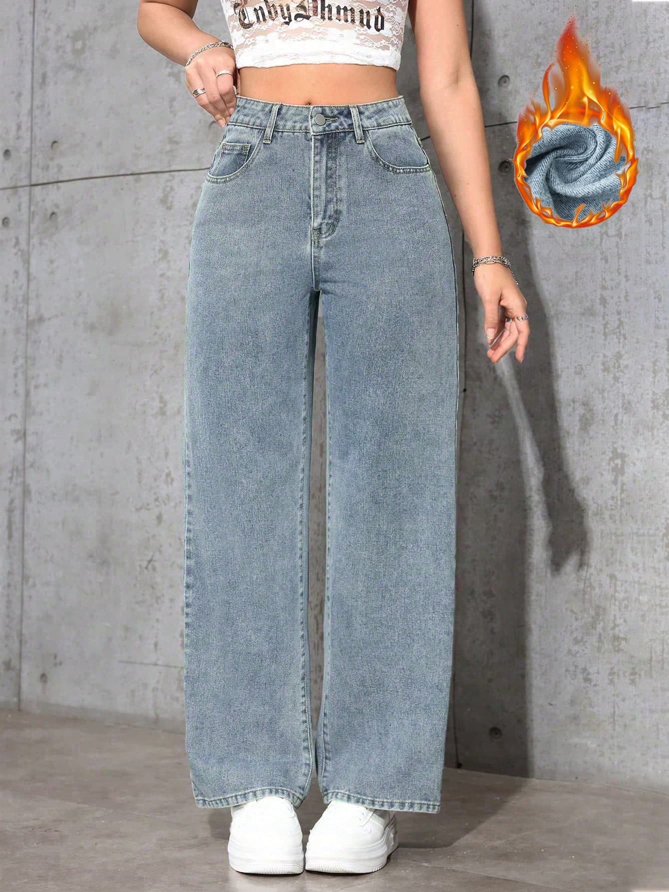 SHEIN Unity Women's High Waist Pocketed Wide Leg Loose Casual Versatile Denim Pants