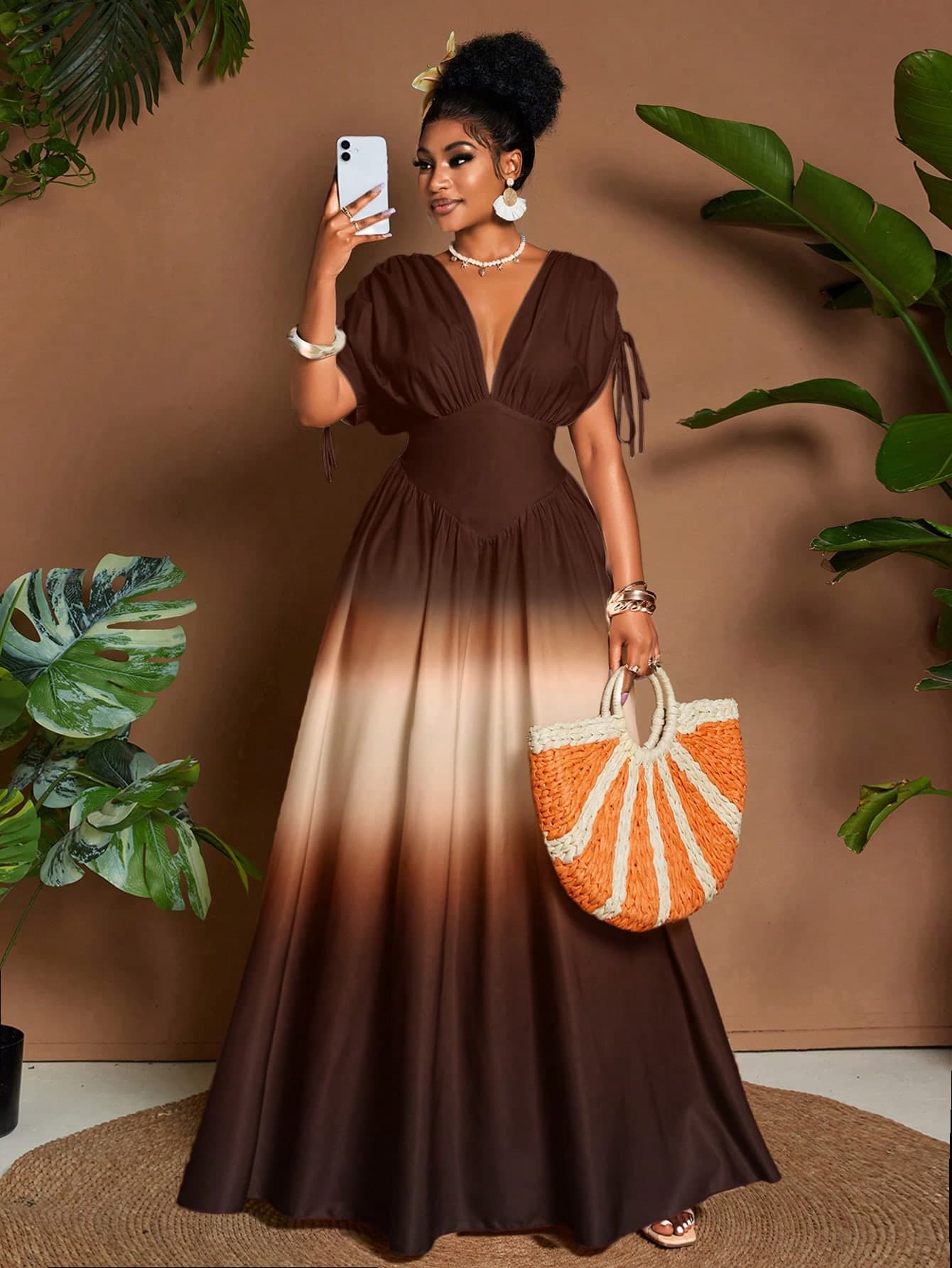 Eryvara Women Elegant Ombre Print Tie Bow V-Neck A-Line Maxi Dress,All Shades Of Brown,Summer,Tropical,Vacation,Holiday,Boho Wedding Guest Outfit