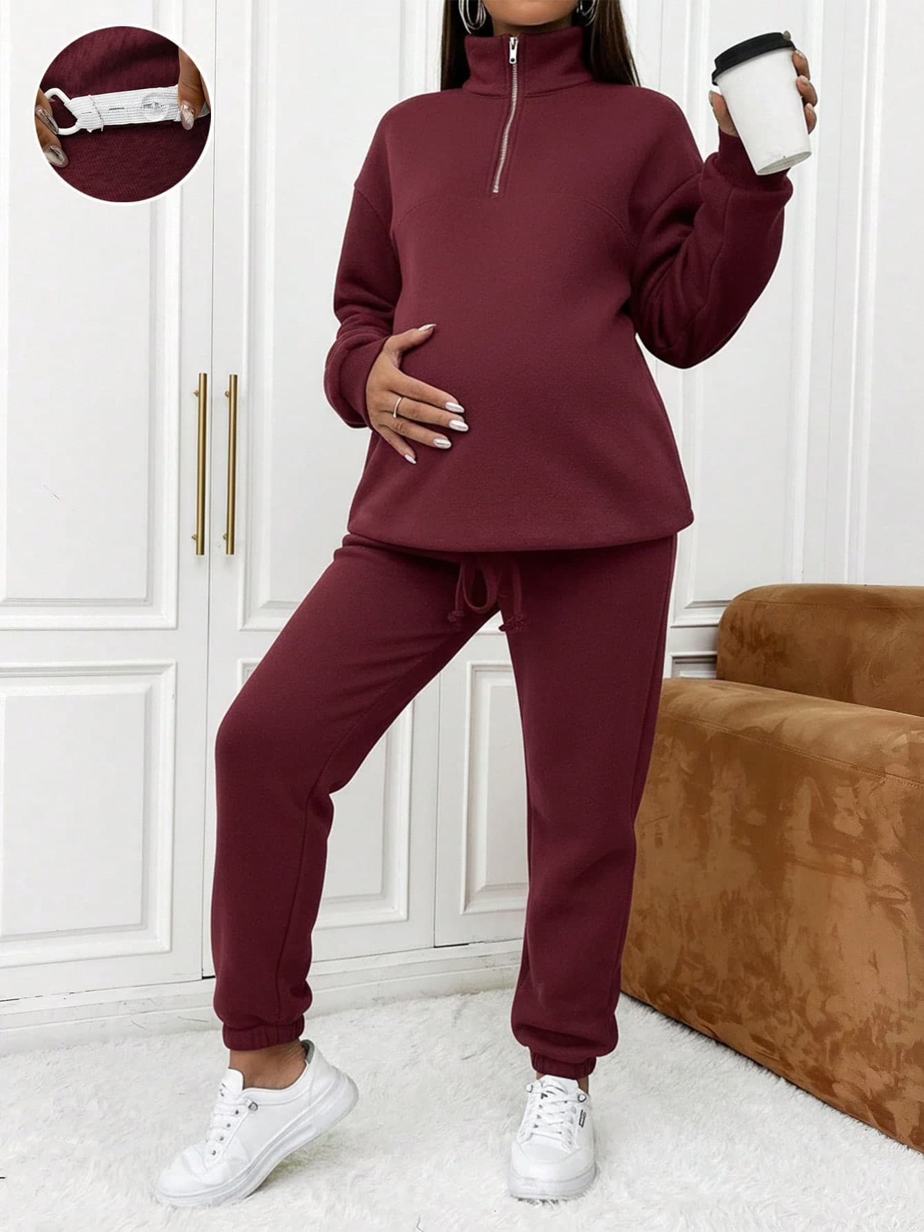SHEIN 2pcs Maternity Autumn Winter Clothes Burgundy Zip-Up Top & Pants Set,Smart Casual Lounge Jogger Sets,Going Home From Hospital,Prom Comfortable Clothes