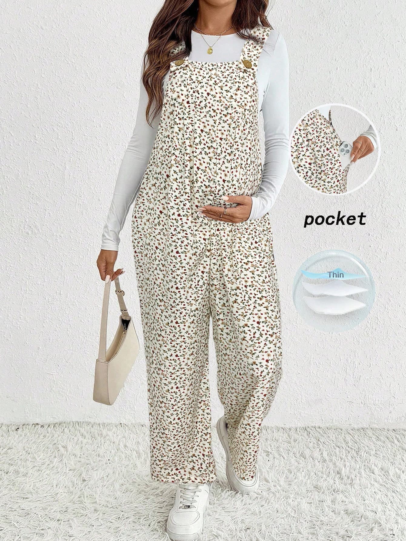 SHEIN Maternity Casual Ditsy Floral Pocket Jumpsuit Maternity Rompers Maternity Jumpsuits For Woman Pregnancy Clothes Maternity Clothes