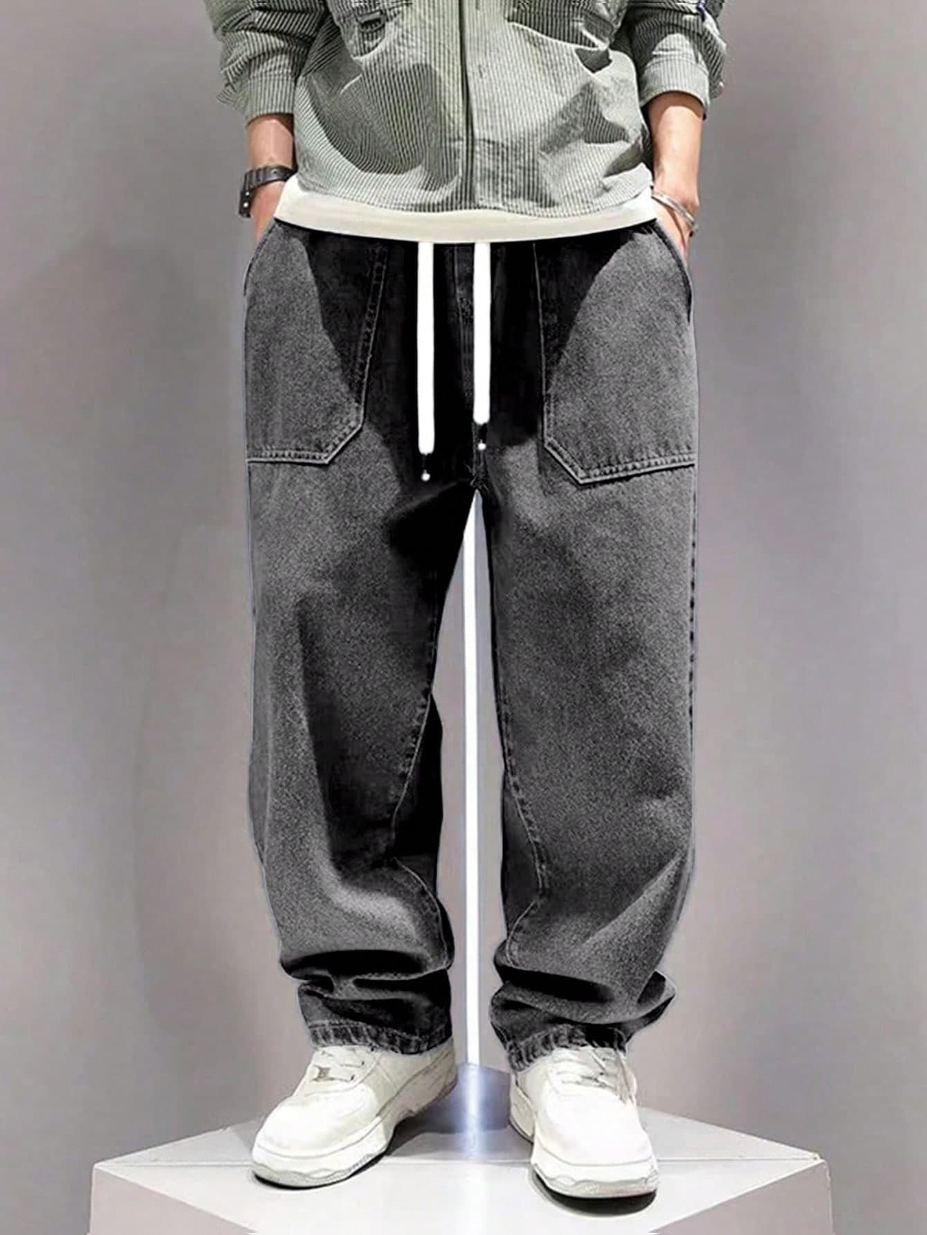 SHEIN Explorewe Vintage Inspired Elastic Waist Wide Loose Comfortable Washed Dark  Tapered Jeans For Teen Boys, School, Campus, College Summer Holiday