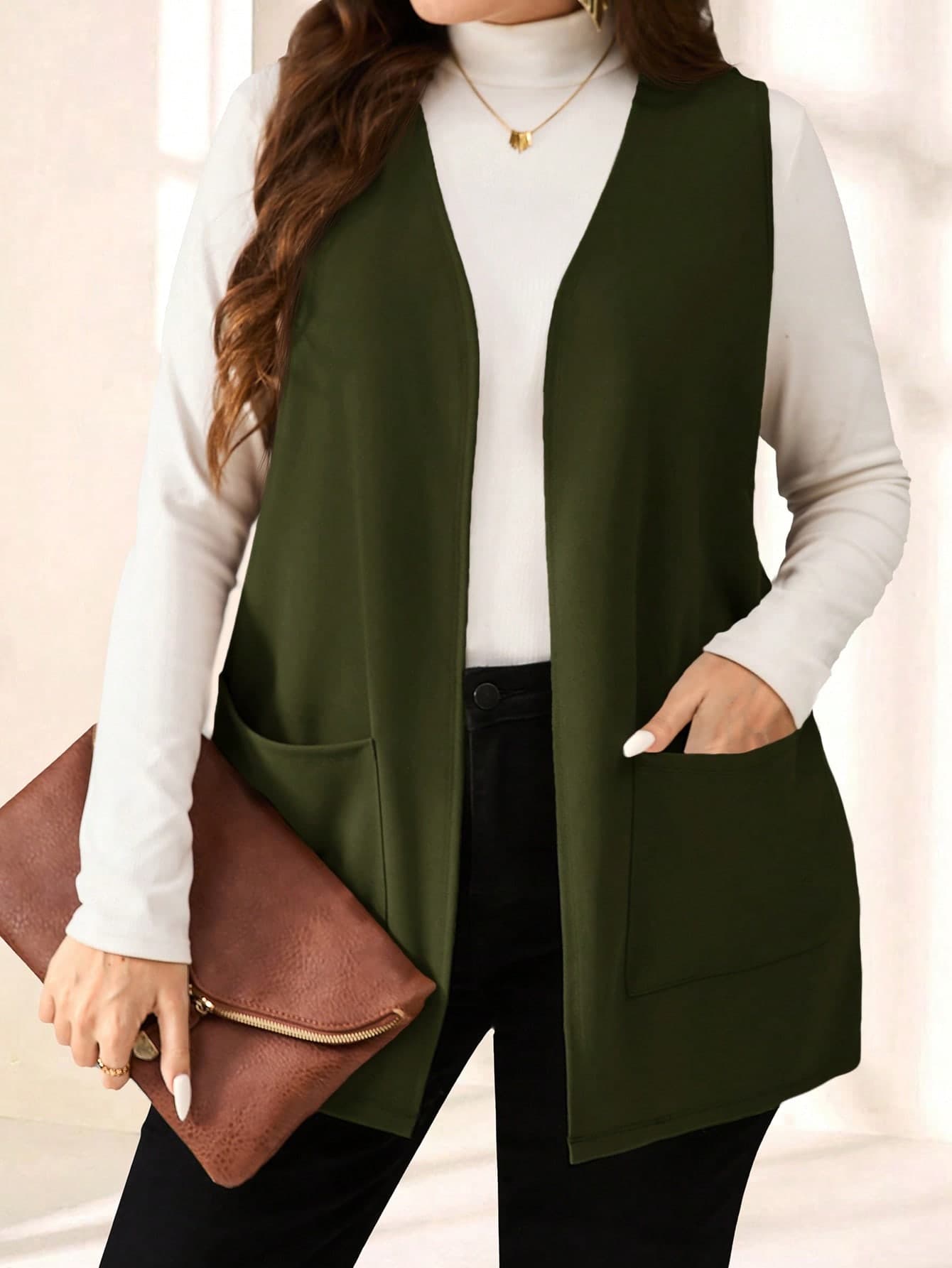 EMERY ROSE Plus Size Solid Color Sleeveless Loose Pocket Simple Casual Jacket,Spring/Summer,Summer,Vacation Woman / Vacation/Winter