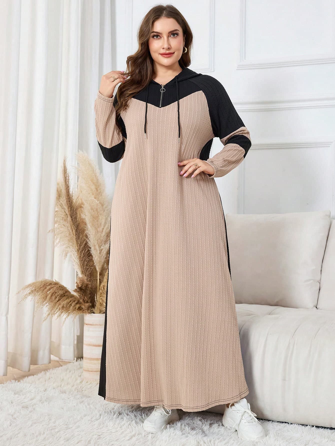 Lacomfia Plus Size Casual Knitted Jacquard Color Block Hooded Long Sleeve Loose Fit Midi Dress, Spring/Autumn Fall