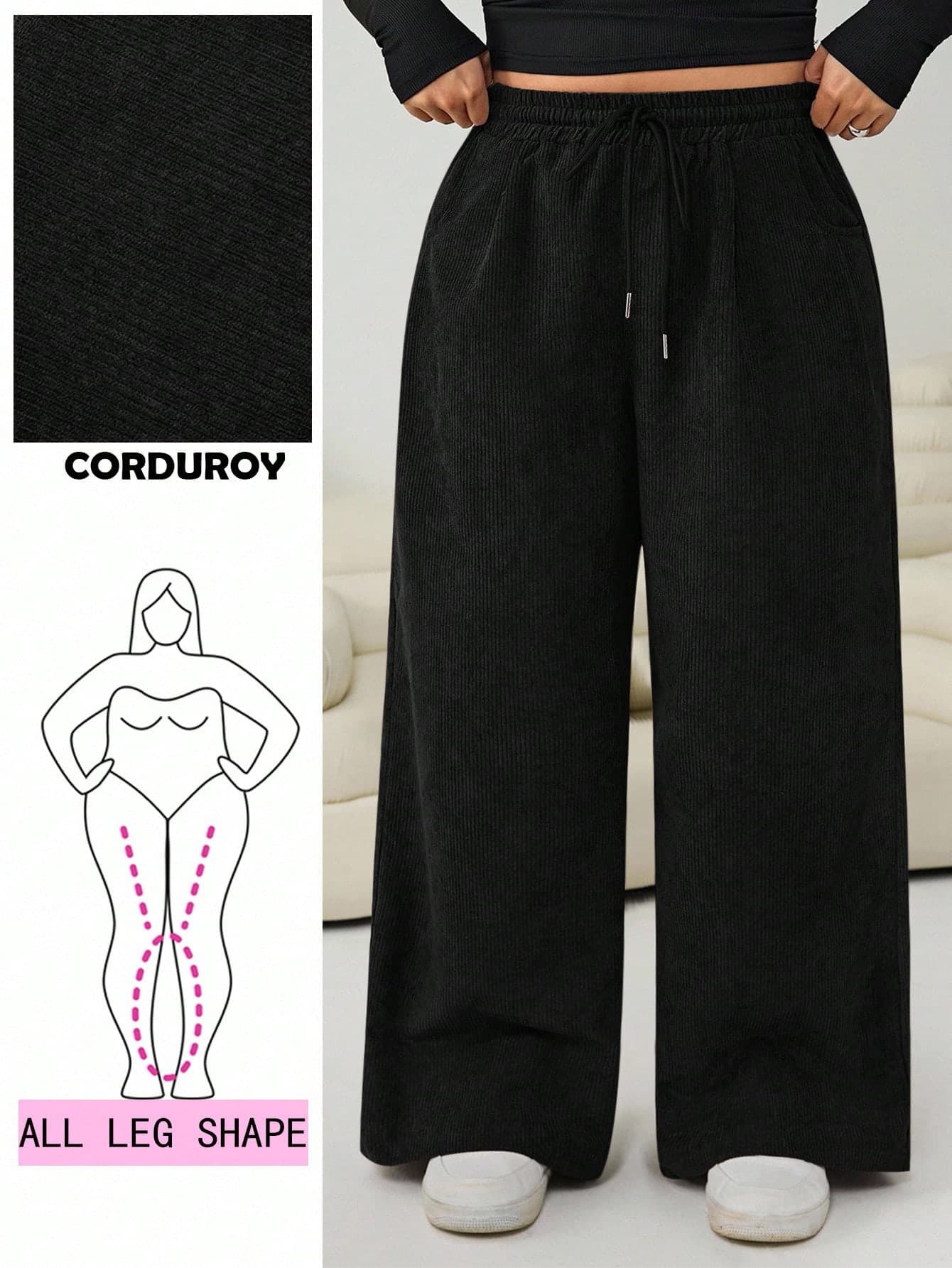 Solflare Plus Size Casual Solid Color Corduroy Pants Autumn Office Black Winter