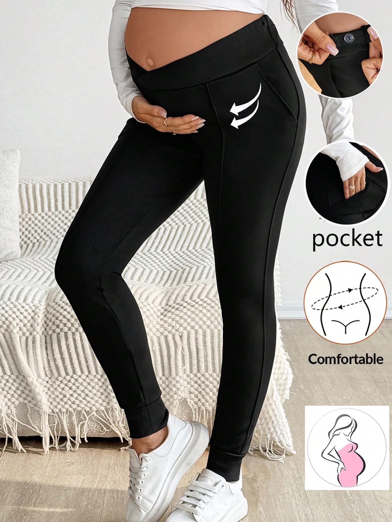 SHEIN Maternity Leggings Pregnancy Pants,Black,Autumn,Casual,Formal,Gym,Plus Size Solid Slim Fit Comfortable Clothes With Pockets Winter Fall Leggings
