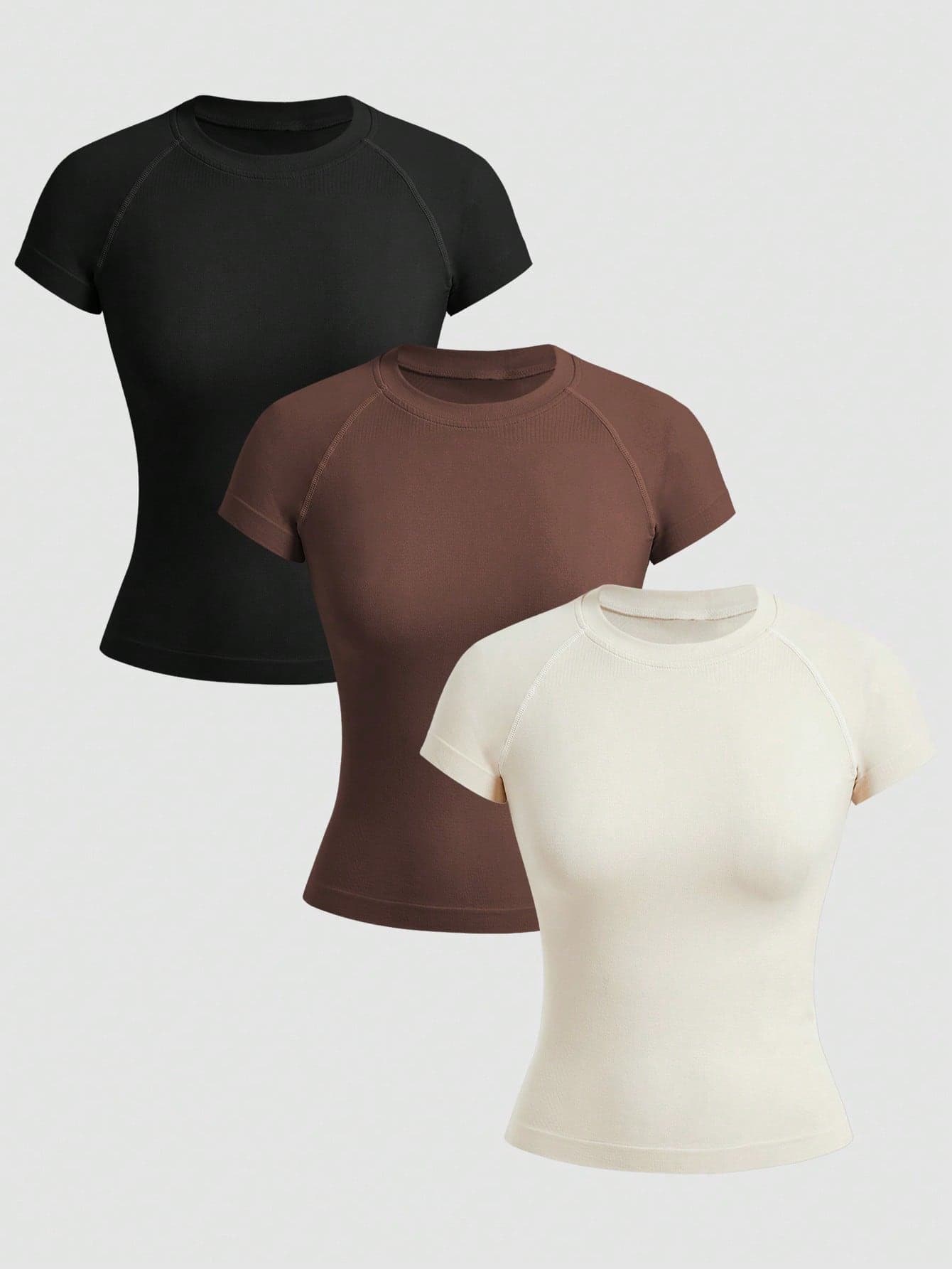 Velisys Velisys Women's Solid Color Crew Neck Raglan Short Sleeve Seamless Sports T-Shirt 3 Packs Tops Tight Tops