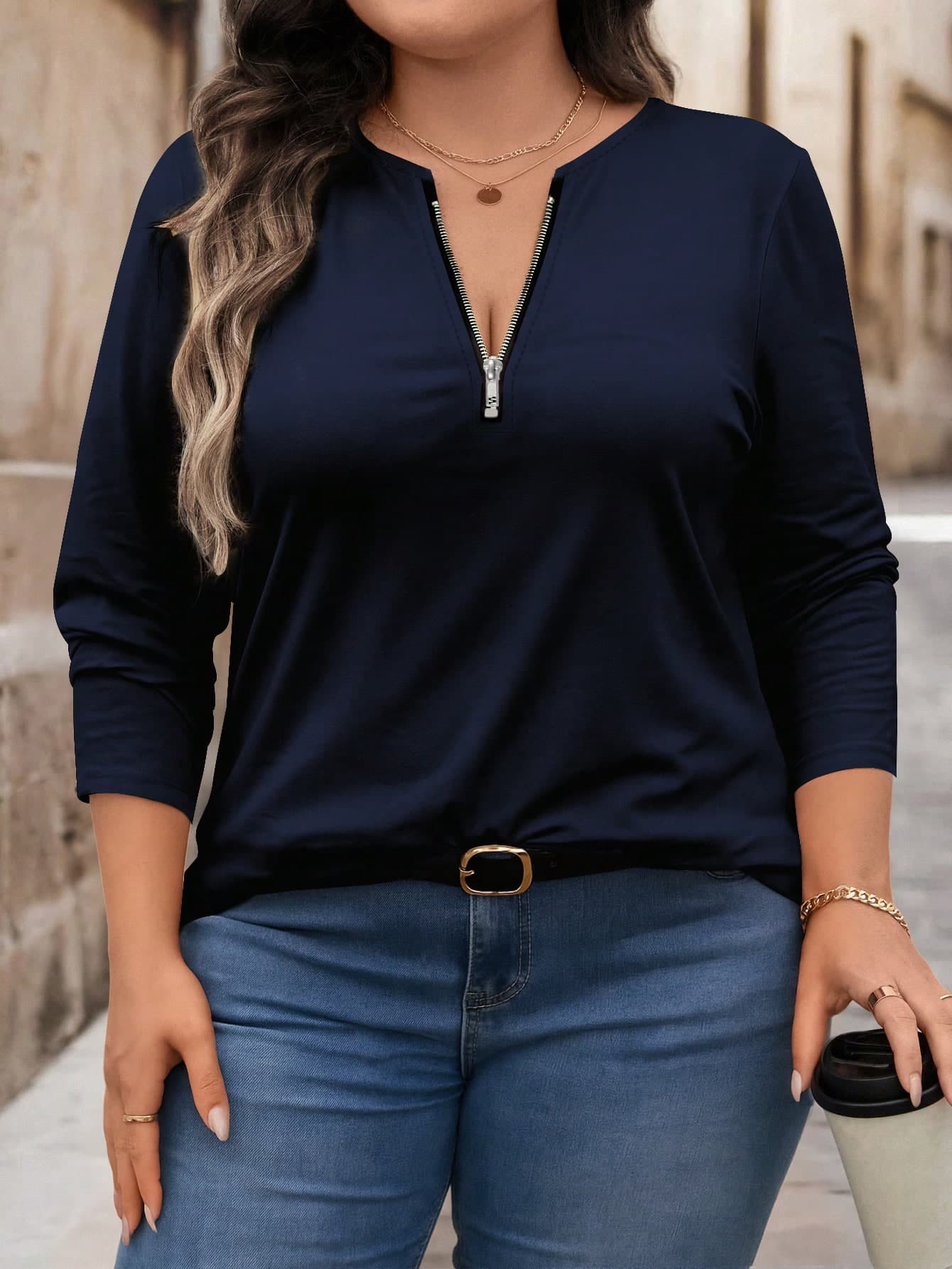 EMERY ROSE Plus Size Loose Fit Half Zip Round Neck Long Sleeve T-Shirt Fall