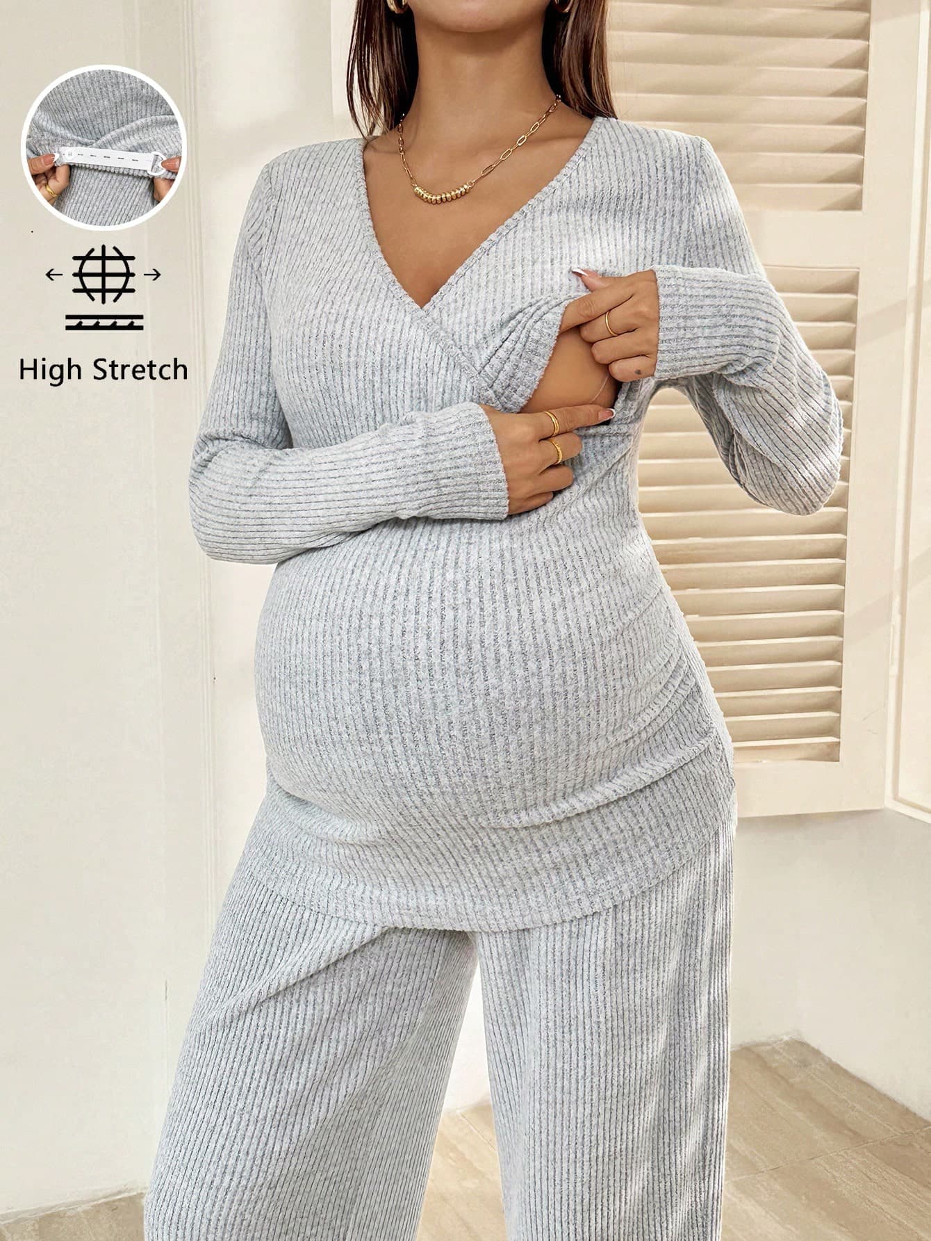 SHEIN 2pcs Maternity Solid Ribbed Nursing Long Sleeve T-Shirt And Adjustable Waist Pants Casual Set Fall