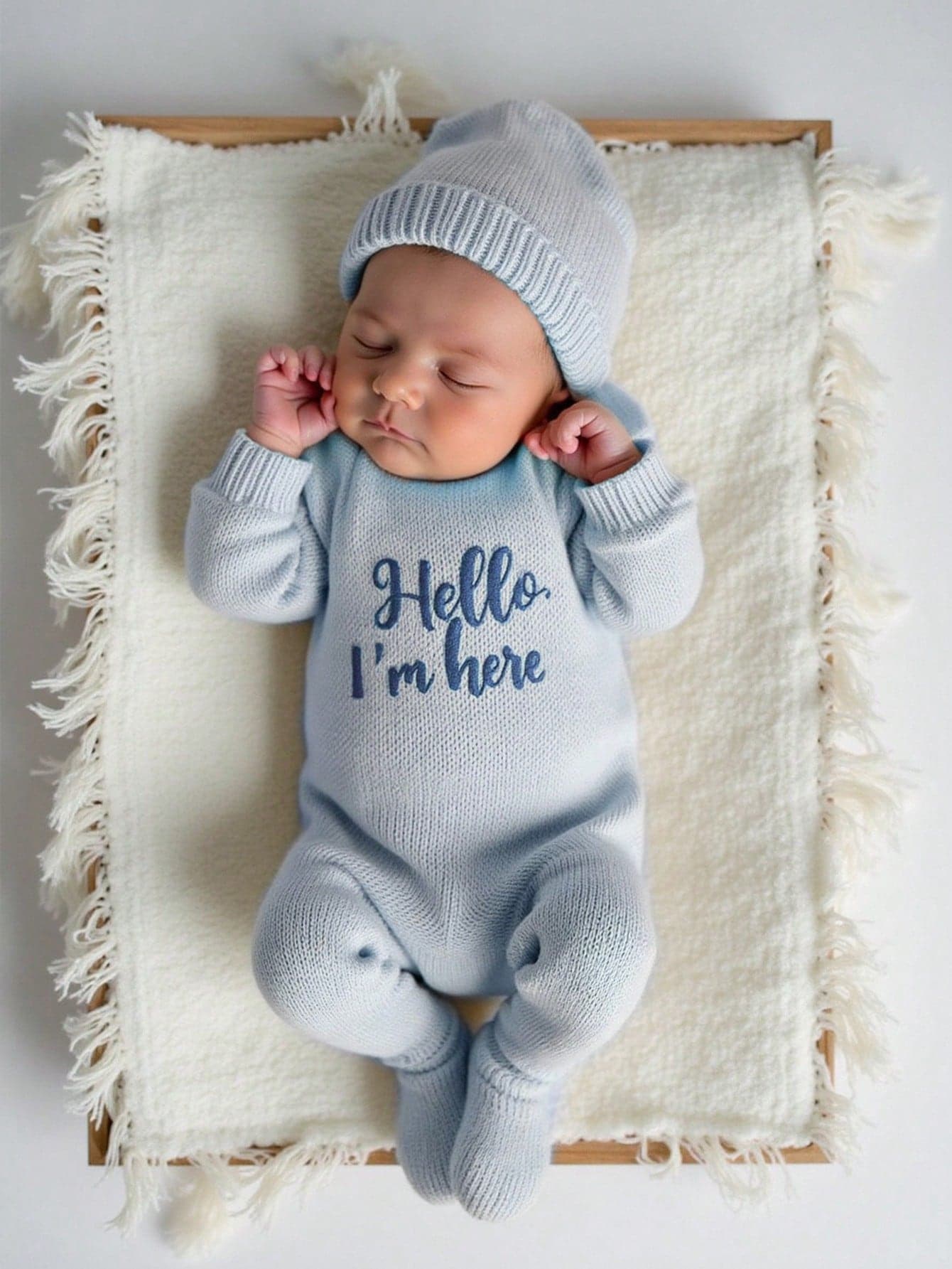 SHEIN 2Pcs Set Hello I'm Here Funny Graphic Embroidery Newborn Photography Outfits Knitting Navy Blue Romper Jumpsuit Hat Infant Photo Shoot Autumn Props