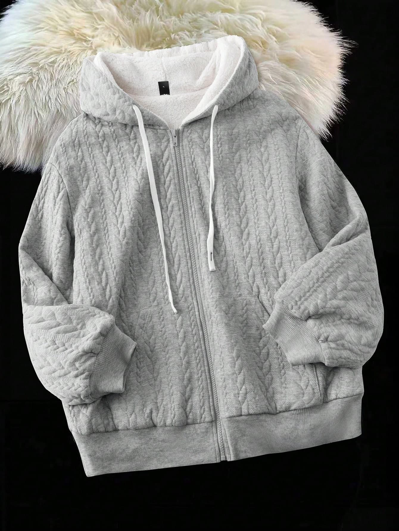 Franclia Plus Size Solid Color Hooded Drawstring Long Sleeve Zip-Up Jacket