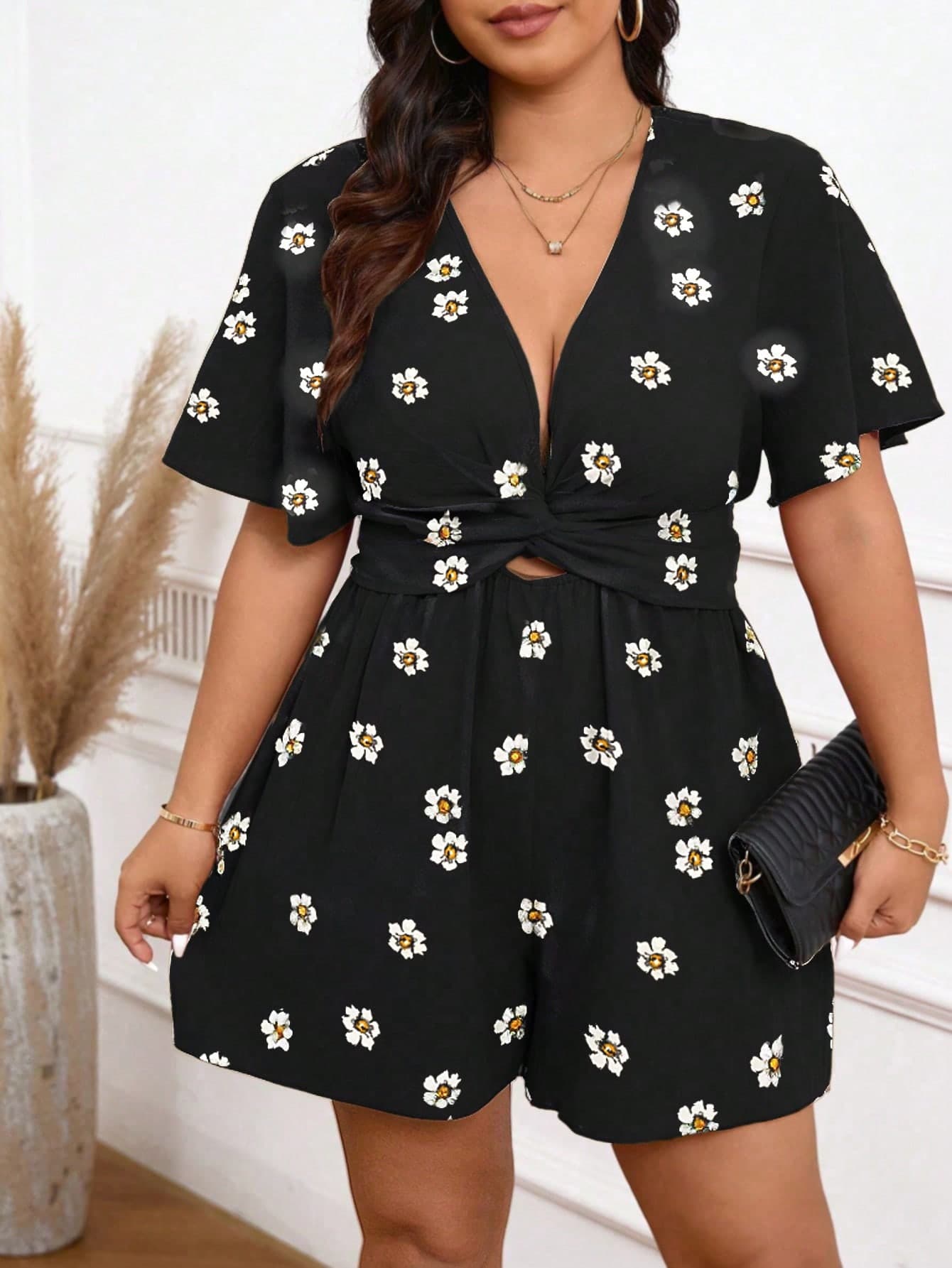 Breezaya Plus Size Women Floral Print V-Neck Cinched Waist Casual Elegant Short Sleeve & Shorts Set, Spring/Summer