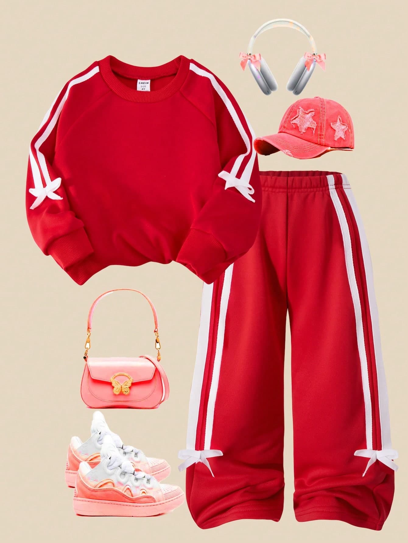 SHEIN Explorewe Casuvi Kid Girls 2-Piece Set:Pink Knit Pullover Hoodie And Wide Leg Pants,Bow Decor,Side Contrast Trim,Back-To-School,School,Summer,Spring/Autumn Cute