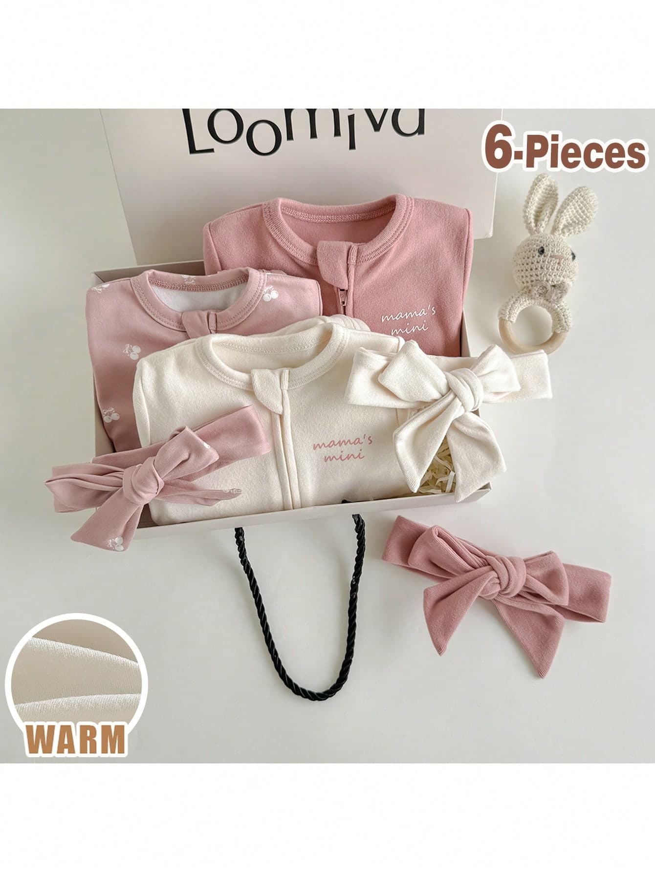 Loomiva Newborn Baby Boy/Girl Solid Color Letter Print Soft Knit Crew Neck Long Sleeve Romper + Headband Set