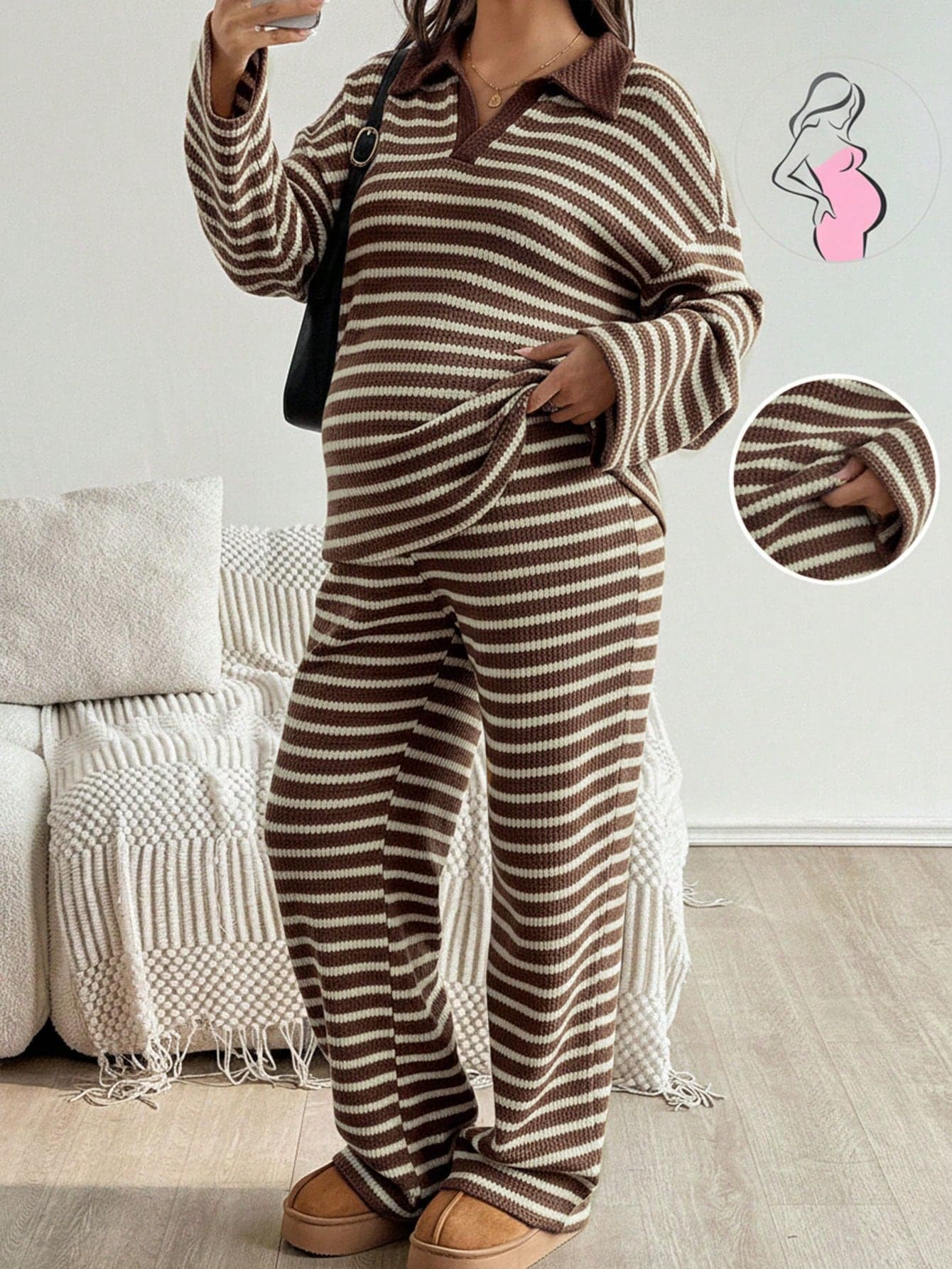 SHEIN 2pcs Maternity Striped Print Long Sleeve Top And Pants Casual Set Lounge Two Piece Women Comfy 2 Sets Woman Wear