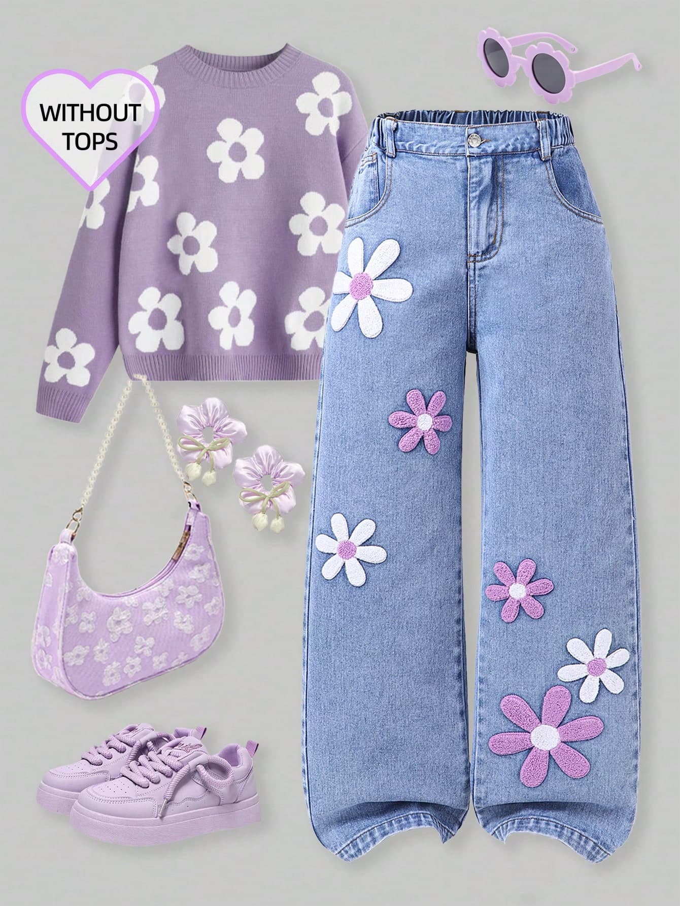 SHEIN ChillGRL Tween/Tween Girls Fashion Snowflake Washed Ripped Design Embroidered Flared Leg Jeans Summer Holiday Fall Winter