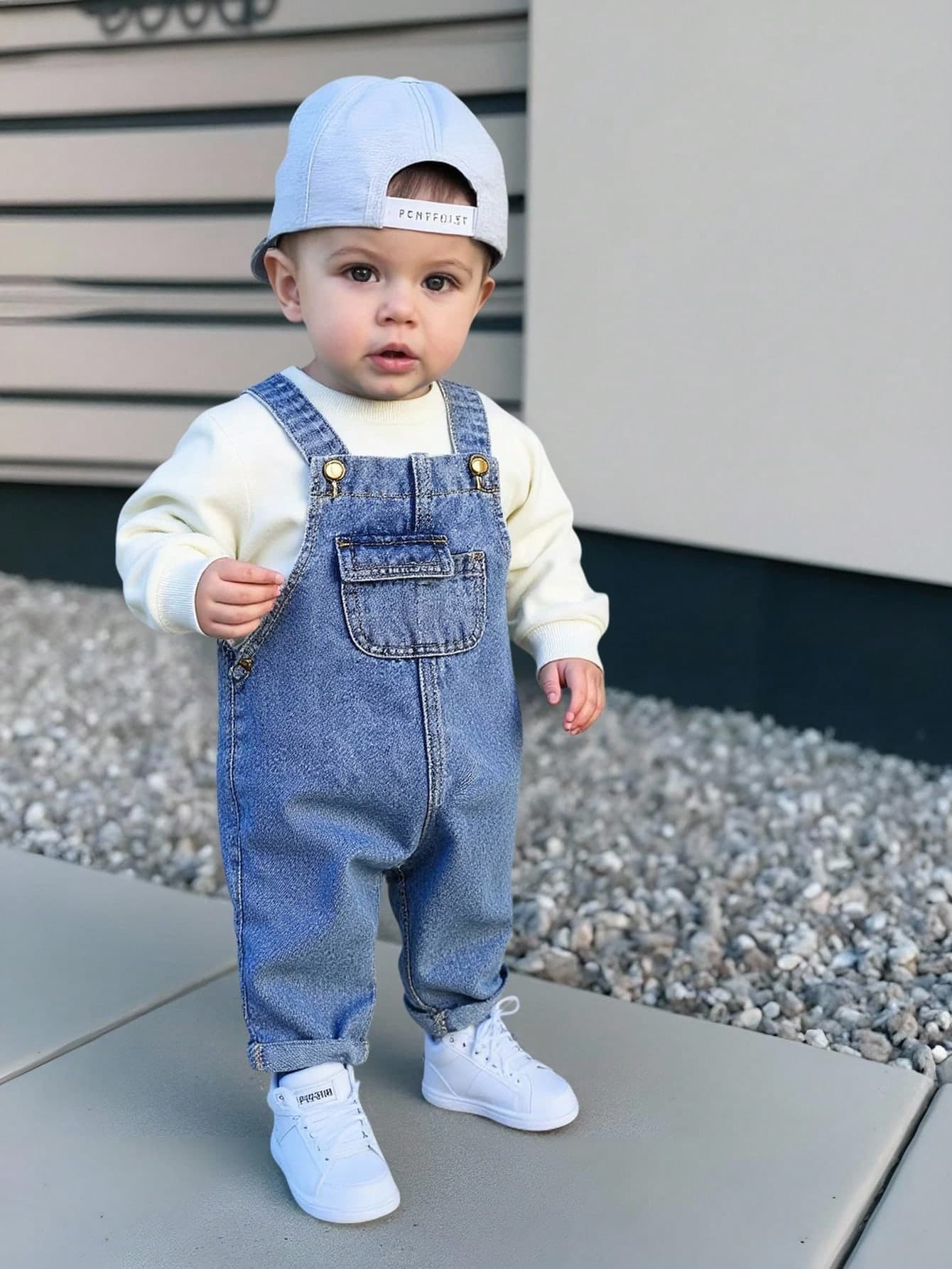Baby Boy Classic Vintage Soft Cute Blue Denim Fold Up The Hem Loose Overalls With Pockets Fall Winter,Without Tops,For Baby Boys Dailywear Outfits,Baby Streetwear Outfits,Halloween Outfits,Christmas Outfits,Winter Clothes,Toddler Jumpsuit