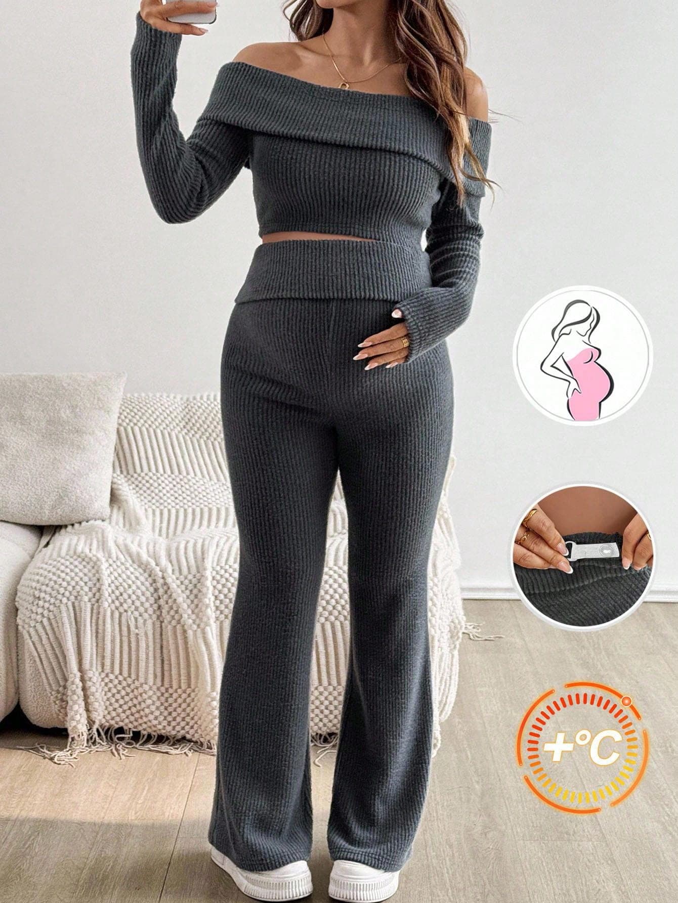 SHEIN 2pcs/Set Maternity Casual Solid Foldover Off Shoulder Cropped T-Shirt And Adjustable Waist Flare Pants Suit, Spring/Autumn  Fall Clothes