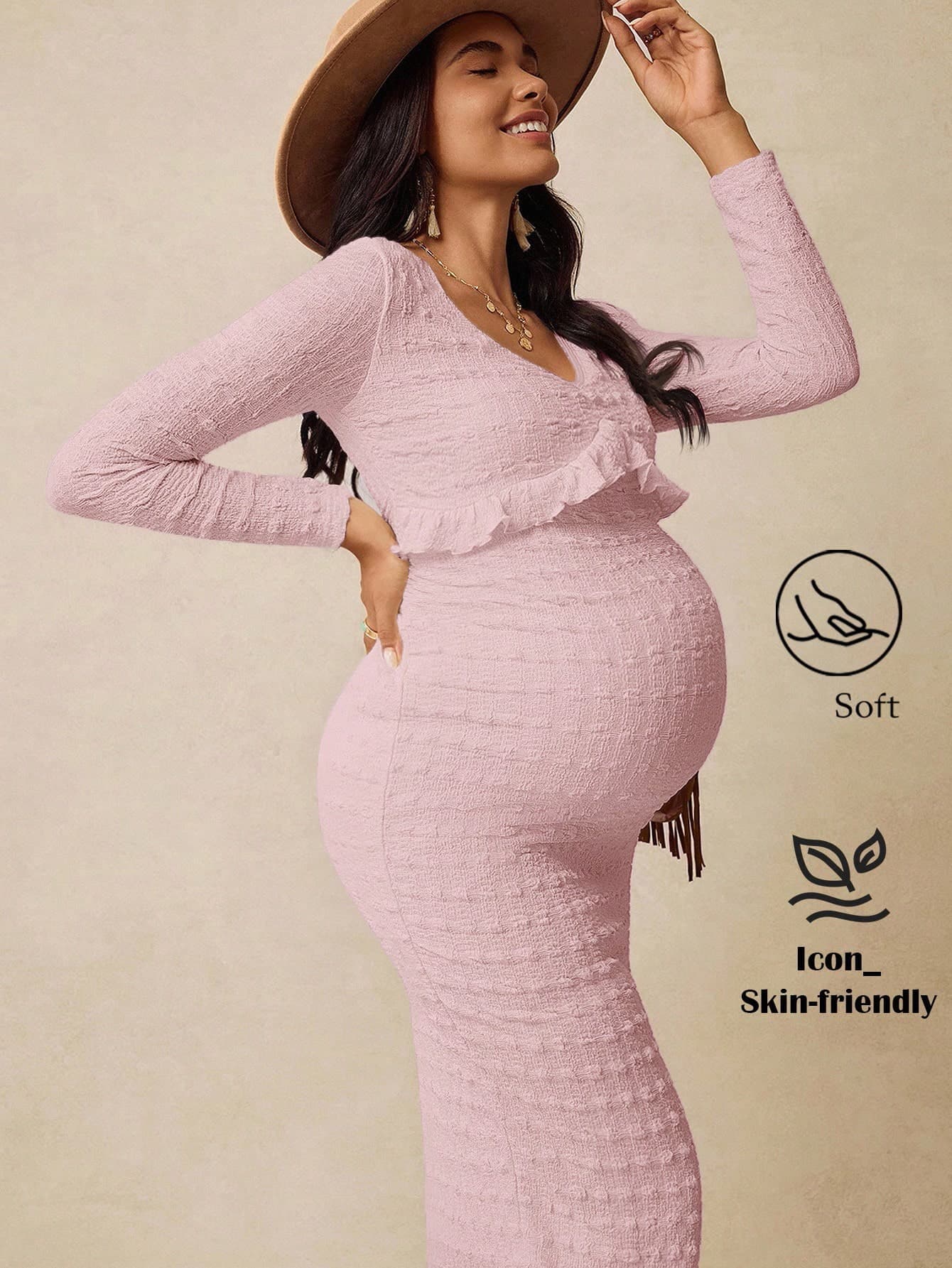 Boho Mama Maternity Elegant Light Pink V-Neck Long Sleeve Bodycon Dress,Autumn Pregnancy Clothing For Baby Shower,Photoshoot & Vacation Dress For Pregnant Women