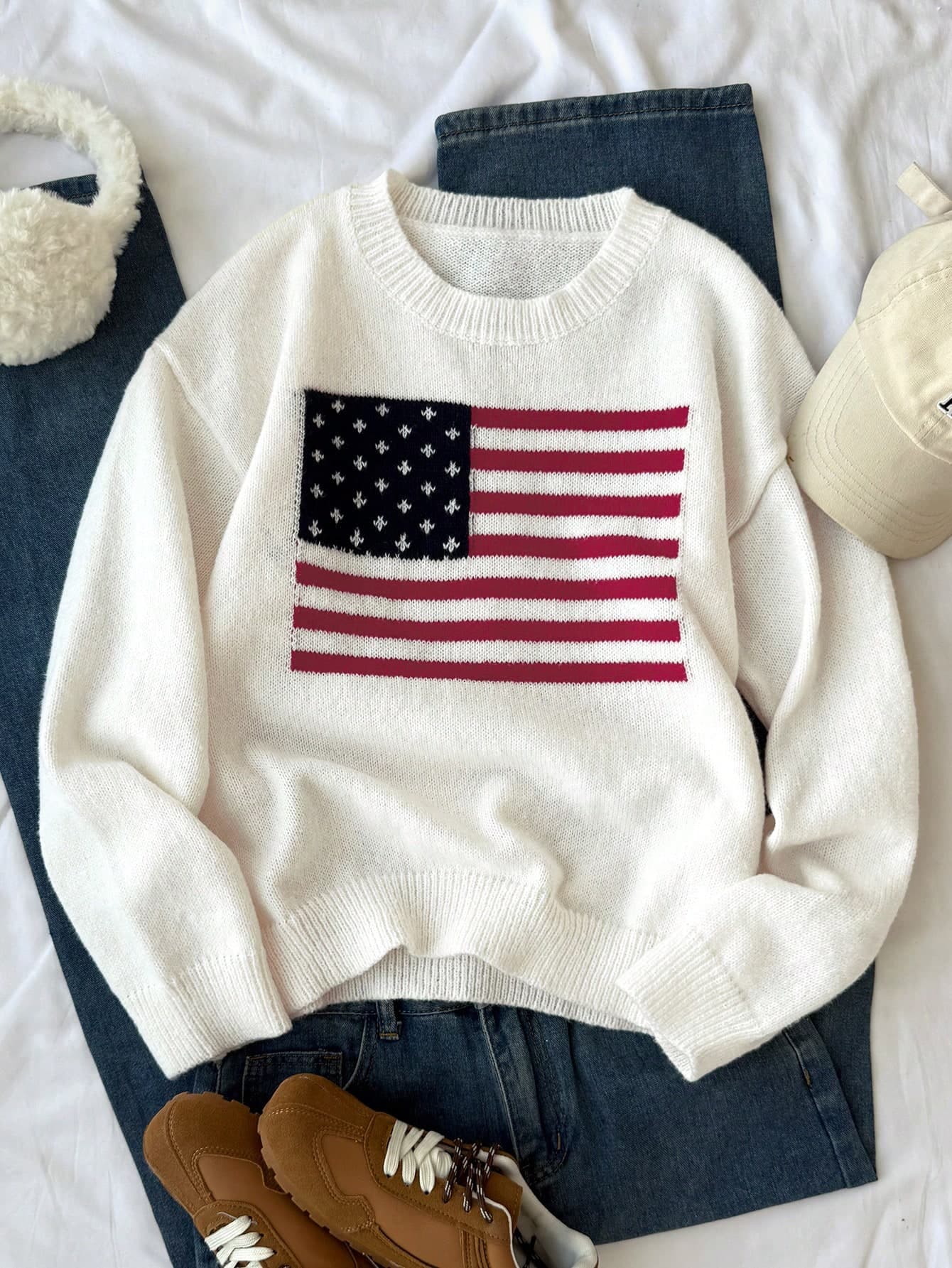 SHEIN White Winter Y2k Graduation Independence Day American Flag Print Knit Sweater,Loose Long Sleeve Collegiate Style Knitwear Top For Women,Teens&Girls