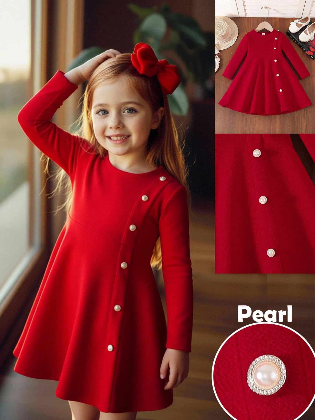 Emery Rose Kids Emery Rose Kids Young Girls' Elegant Red Winter Satin Party Dress,Long Sleeve Pullover A-Line Dress With Buttons,Casual Round Neck Mid-Length Dress For School,Daily