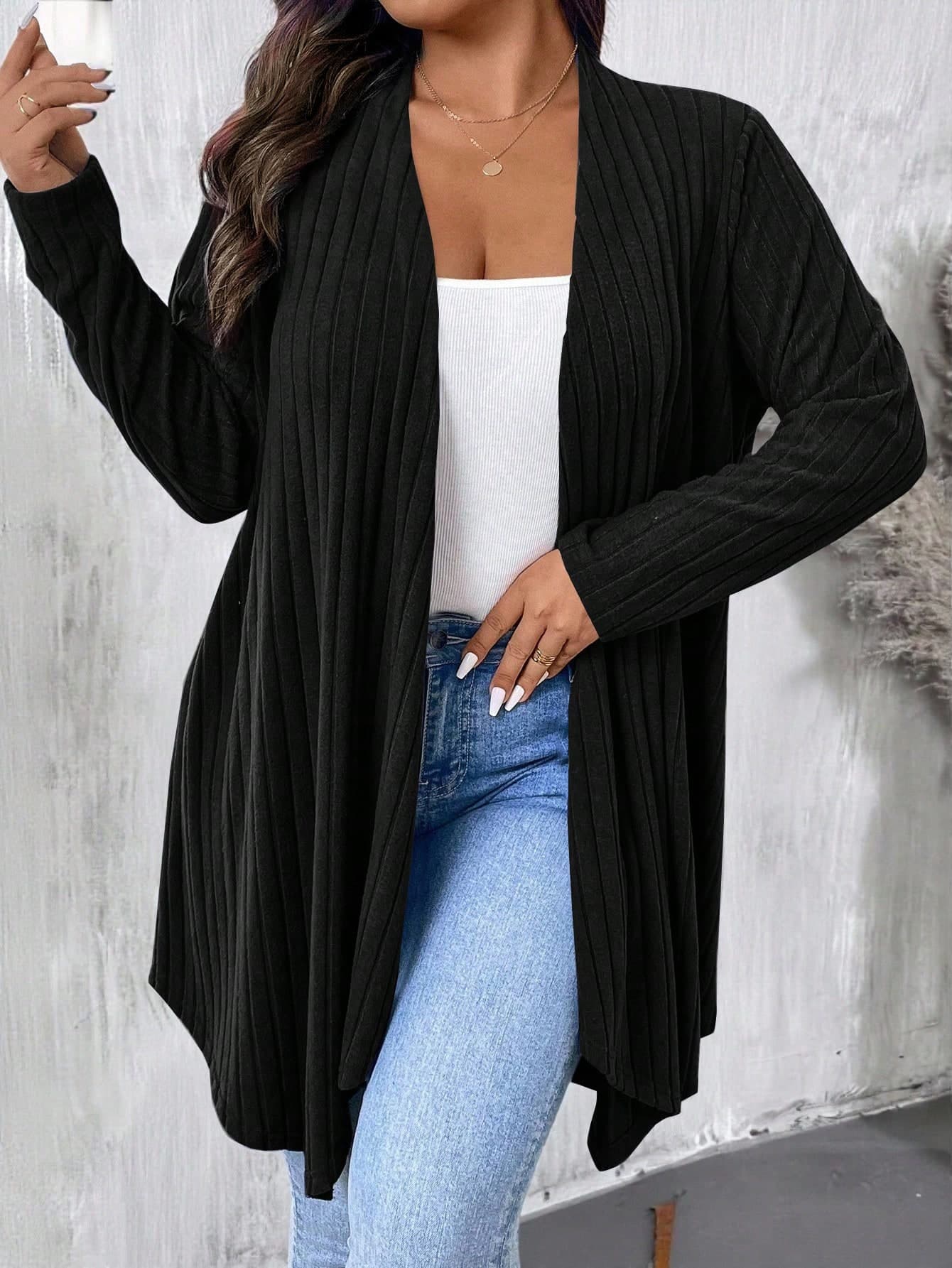 EMERY ROSE Plus Size Women Black Asymmetrical Hem Loose Casual Commute Outerwear Cardigan Fall