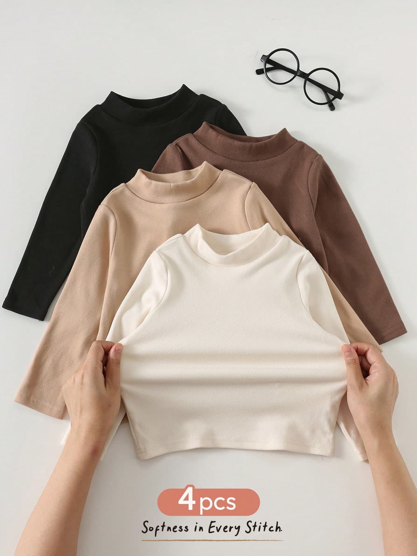 Cozy Pixies Young Girl Young Boy Baby Girl Baby Boy Neutral Solid Color Knitted Soft Round Neck Long Sleeve Pullover High Neck Small Stand Collar Top 4-Piece Set, Autumn/Winter High Neck Base Layer, Solid Color Multi-Pack, Versatile Comfortable Soft Skin-Friendly Outfit