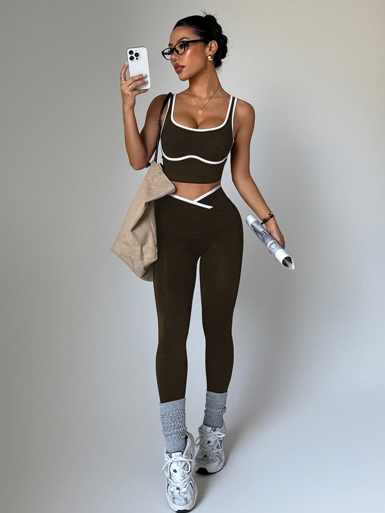 Dewbera Dewbera 2pcs/Set Women's White And Brown Seamless Contrast Color Yoga Activewear Set,Summer Athleisure Gym Two Piece Workout Legging Set Sporty Gym Outfit
