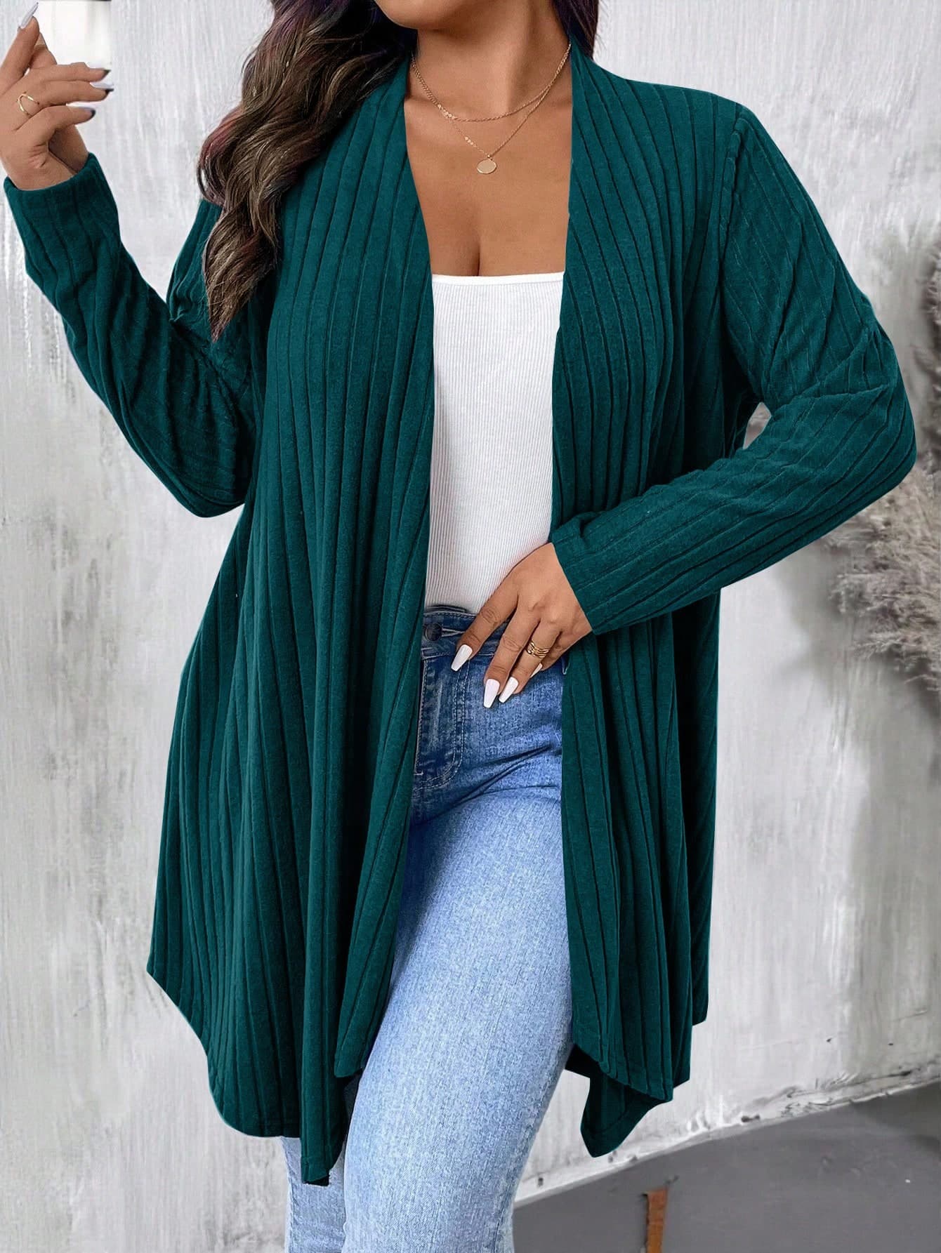 EMERY ROSE Plus Size Women Black Asymmetrical Hem Loose Casual Commute Outerwear Cardigan Fall