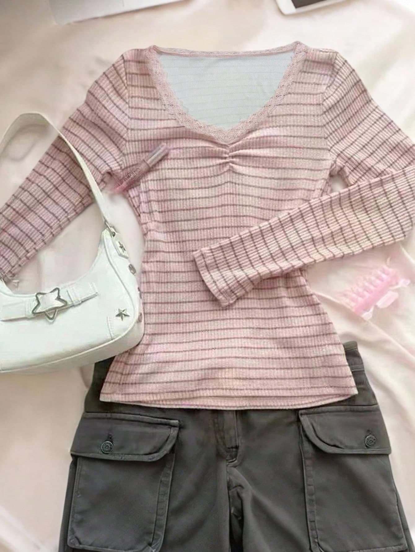 Sparklyn Teenage Girls' Fashion Casual Elegant Cute Street Style Mixed Stripe Lace Trim Long Sleeve T-Shirt, Autumn